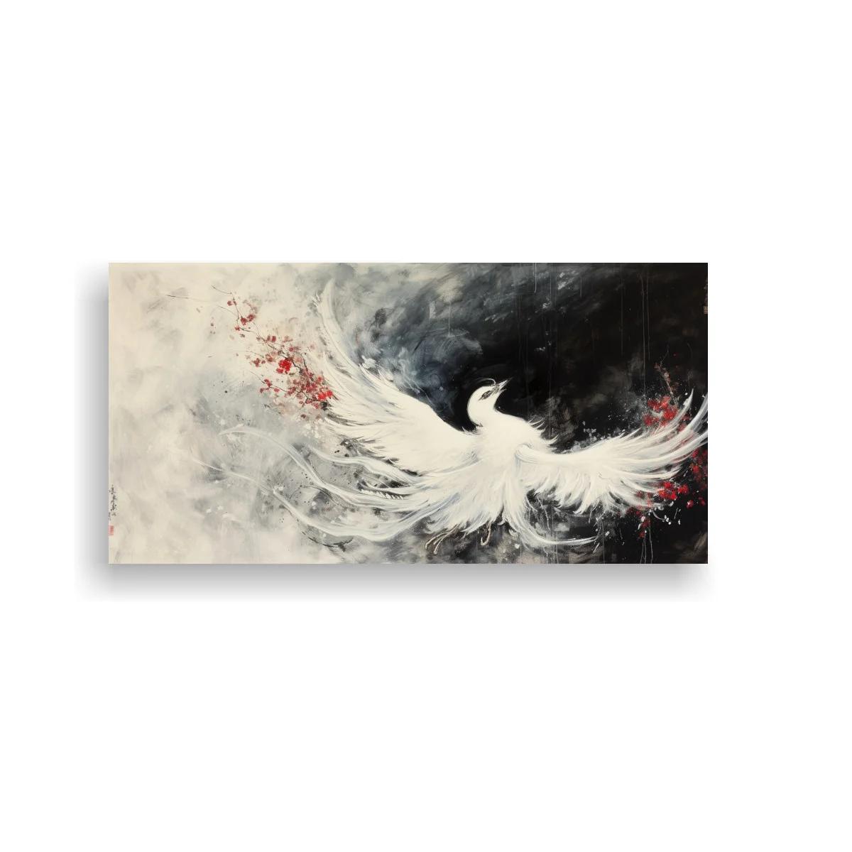 Cuadro paloma blanca en vuelo con fondo oscuro y salpicaduras rojas