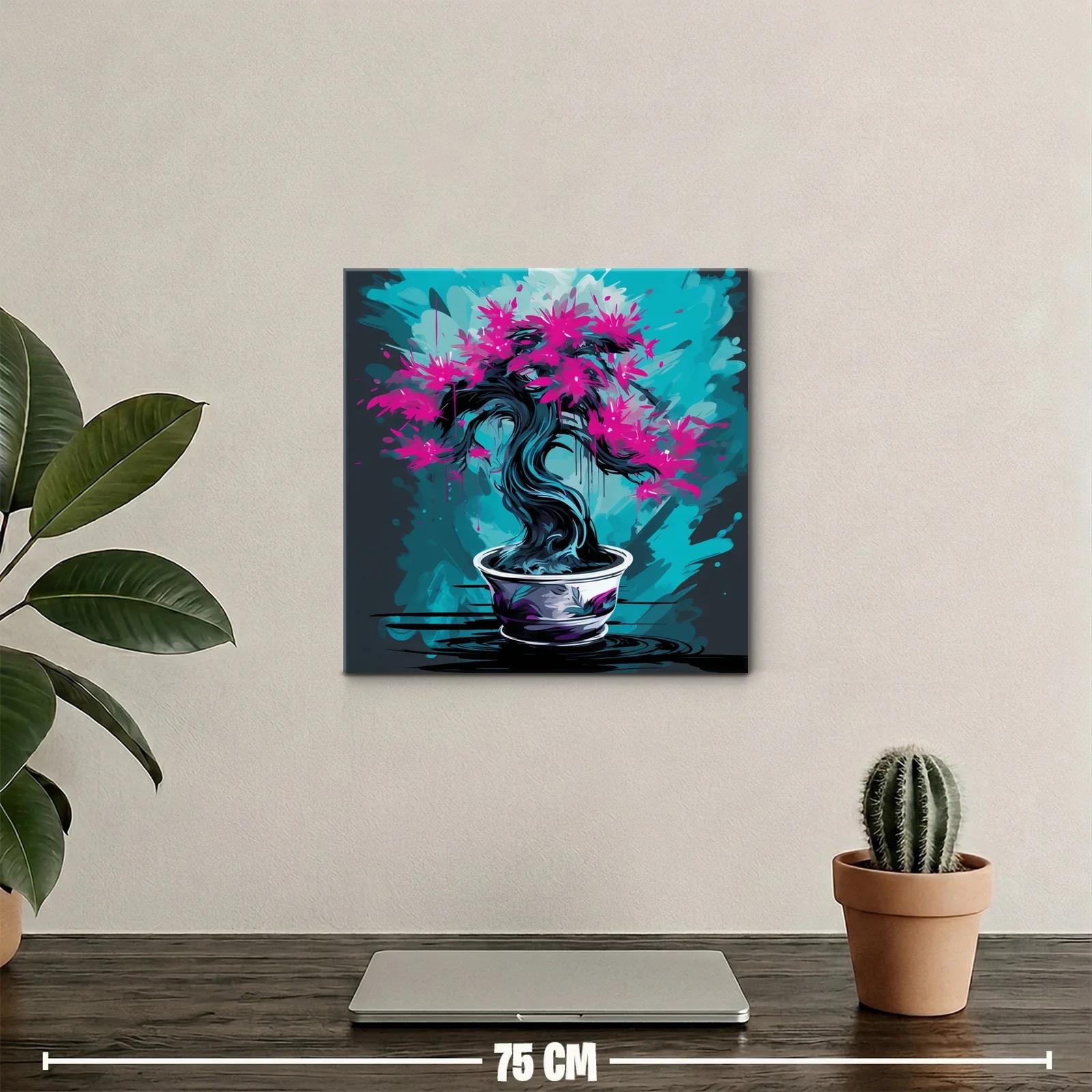 Árbol bonsái vibrante con flores fucsias sobre fondo azul — miniatura 2