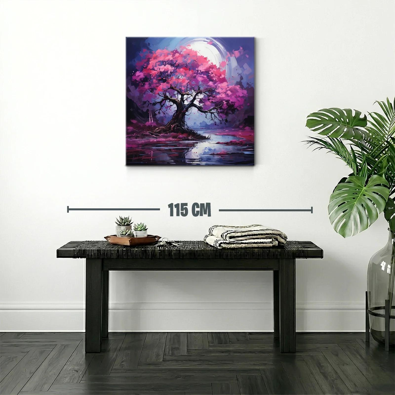 Árbol en flor bajo luna brillante sobre lago sereno — miniatura 2
