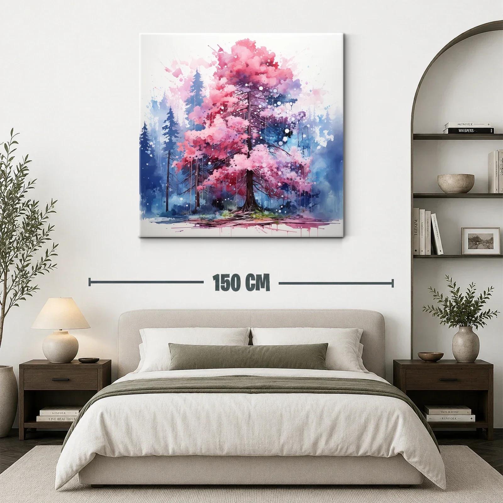 Árbol rosa vibrante en bosque azul nebuloso — miniatura 3