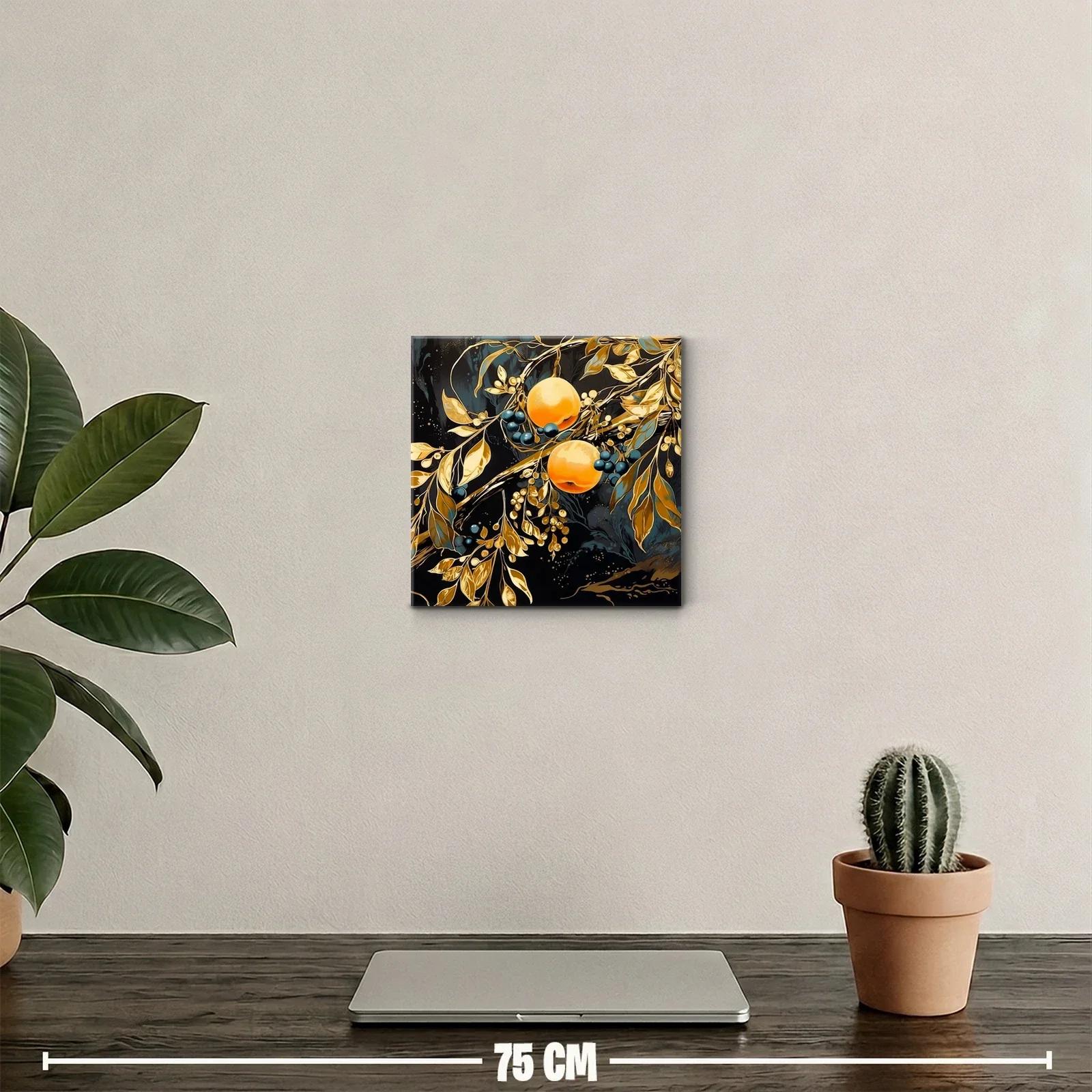 Cuadro decorativo con frutas y hojas doradas sobre fondo oscuro — miniatura 2