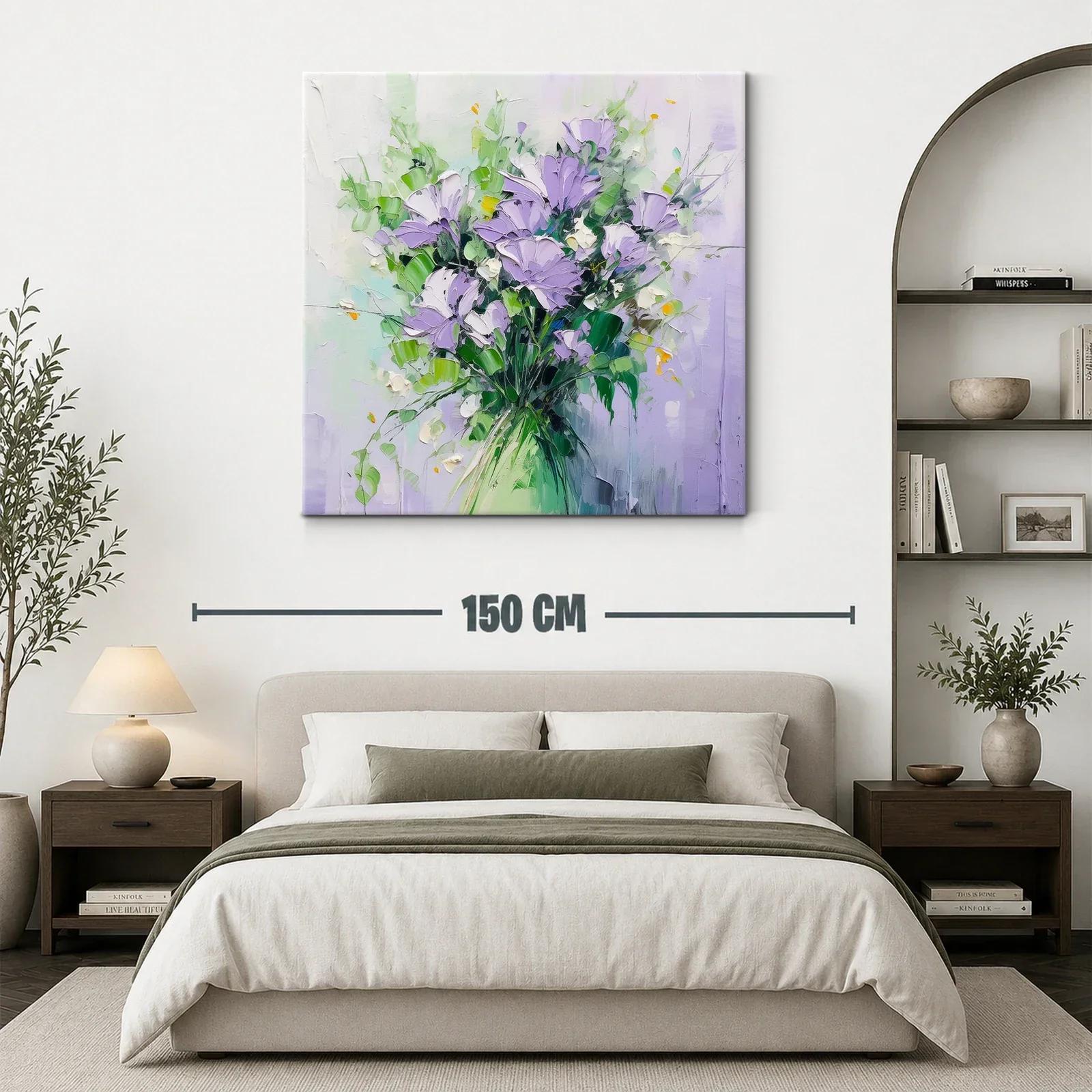 Cuadro moderno con ramo floral en tonos lilas y verdes — miniatura 3