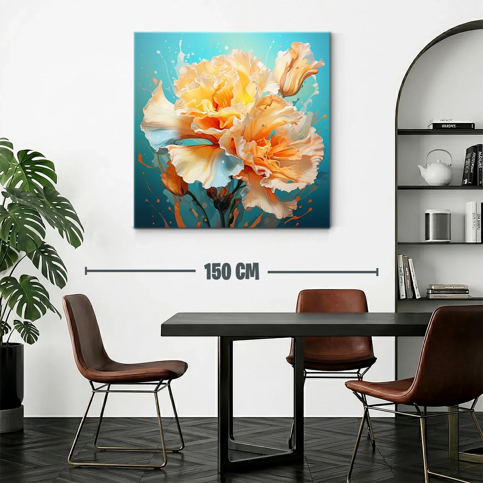 Cuadro floral vibrante en tonos cálidos y fondo azul — miniatura 2
