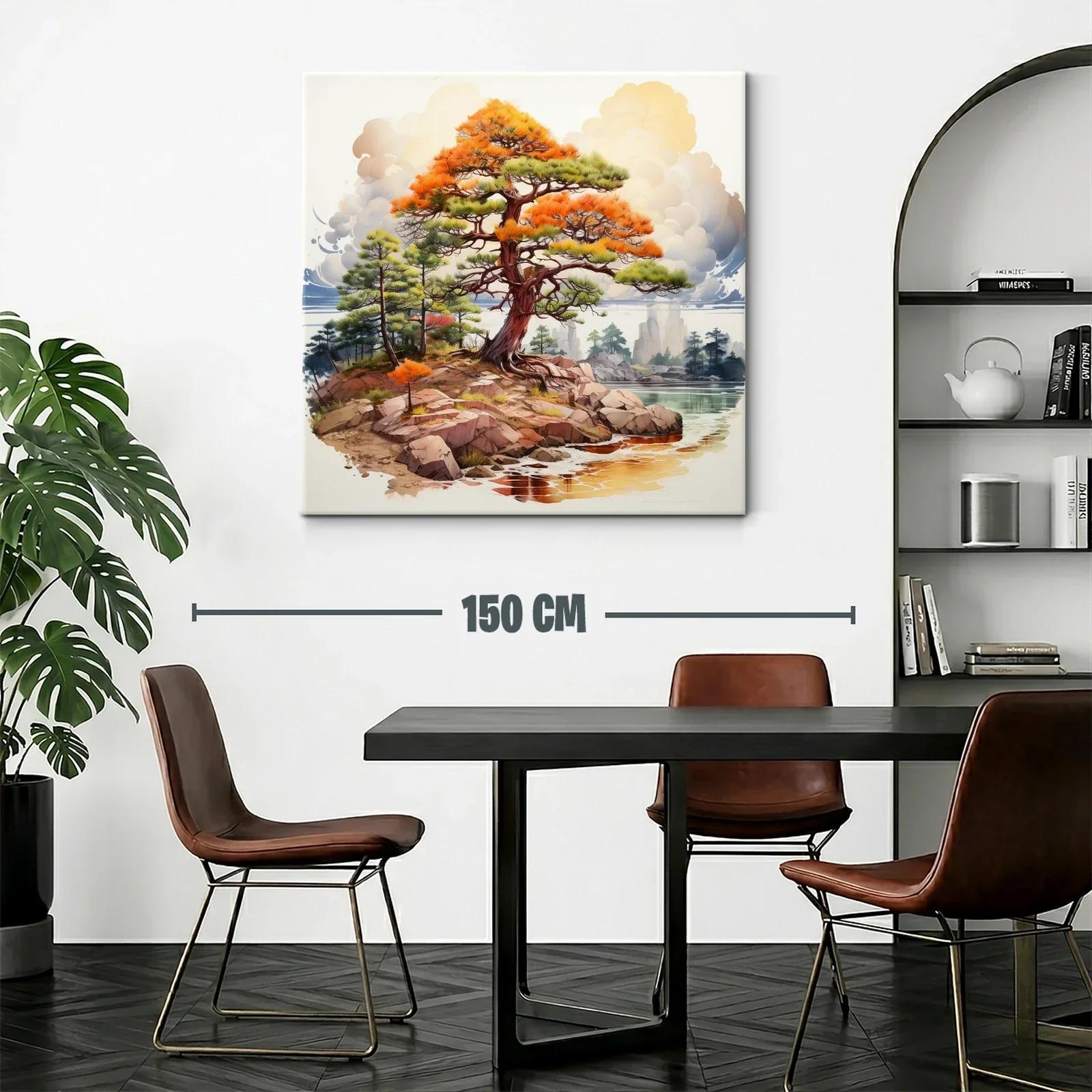 Paisaje con árbol en tonos cálidos junto al agua y rocas — miniatura 2