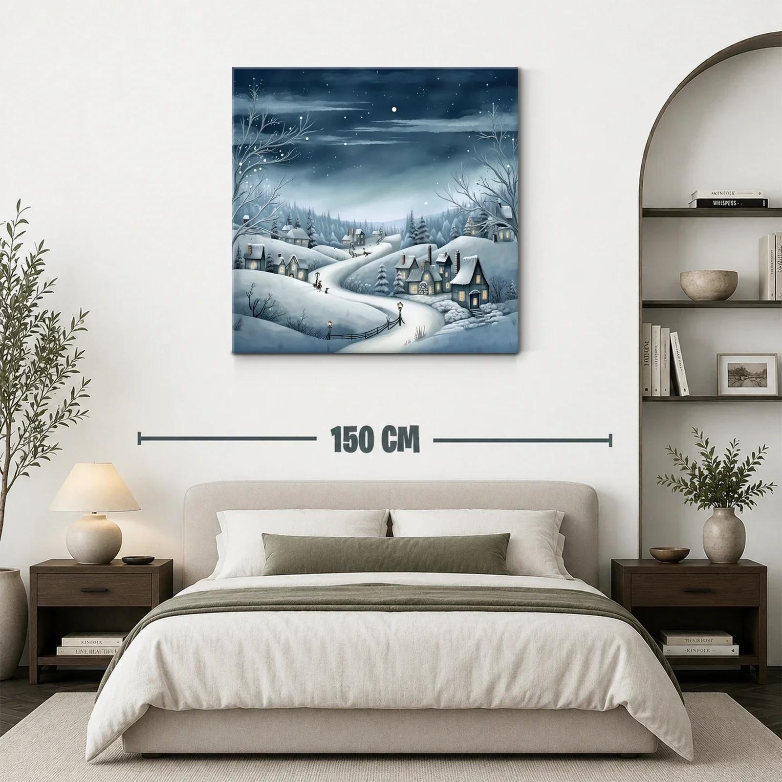 Paisaje invernal con casas y cielo estrellado nocturno — miniatura 3