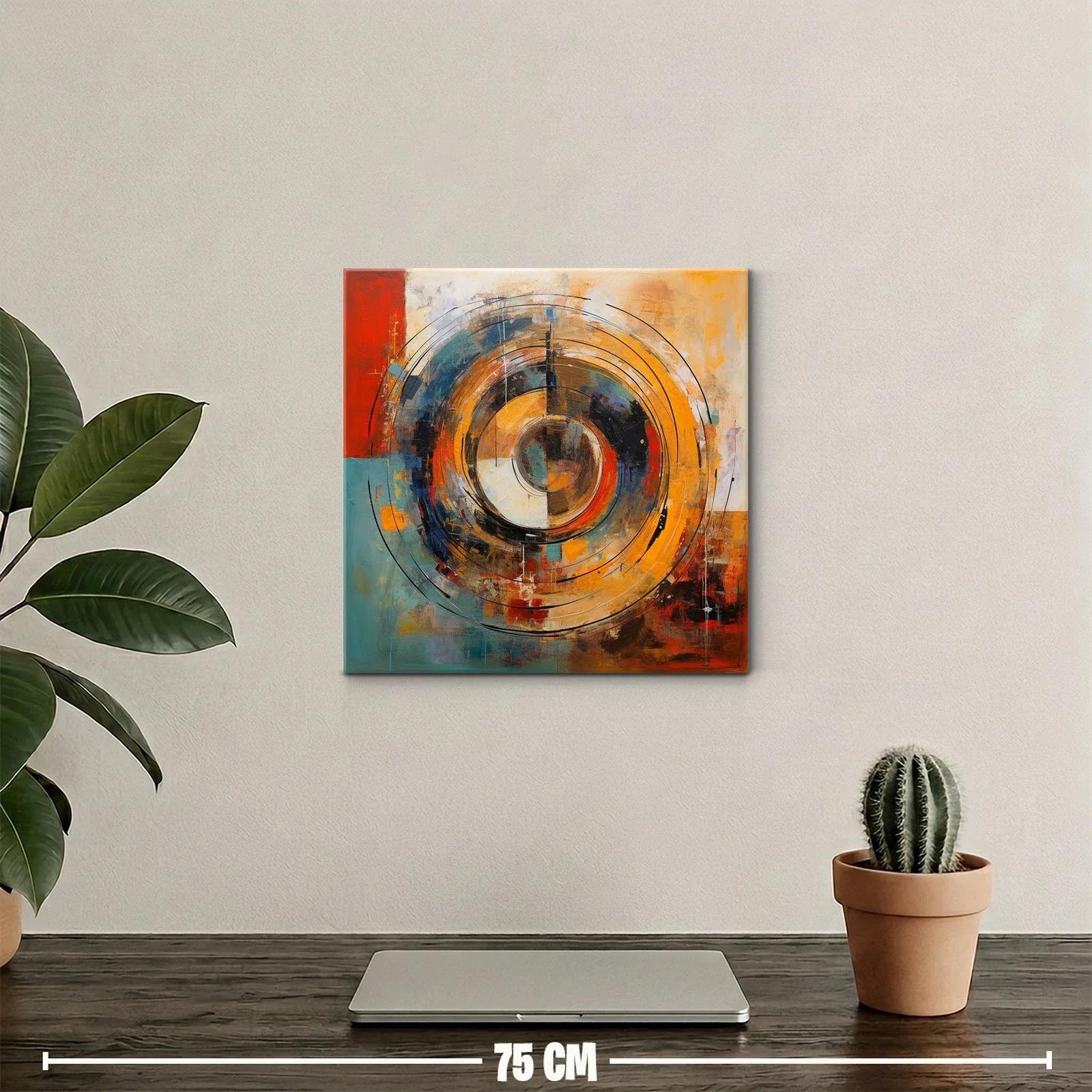 Cuadro abstracto con círculos concéntricos en tonos cálidos y fríos — miniatura 2