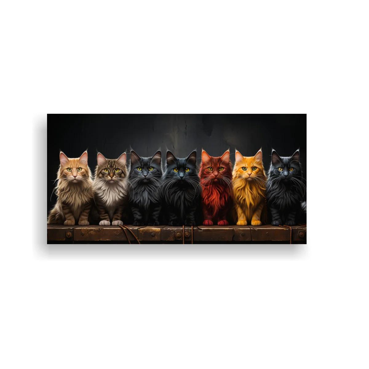 Cuadro fila de gatos de pelo largo recortados contra un fondo oscuro