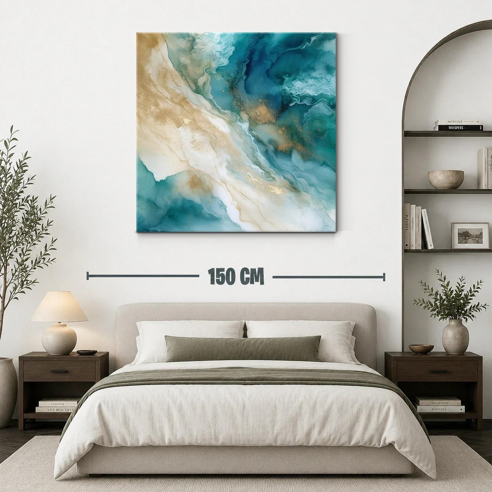 Cuadro abstracto con tonos turquesa y dorados elegantes — miniatura 3