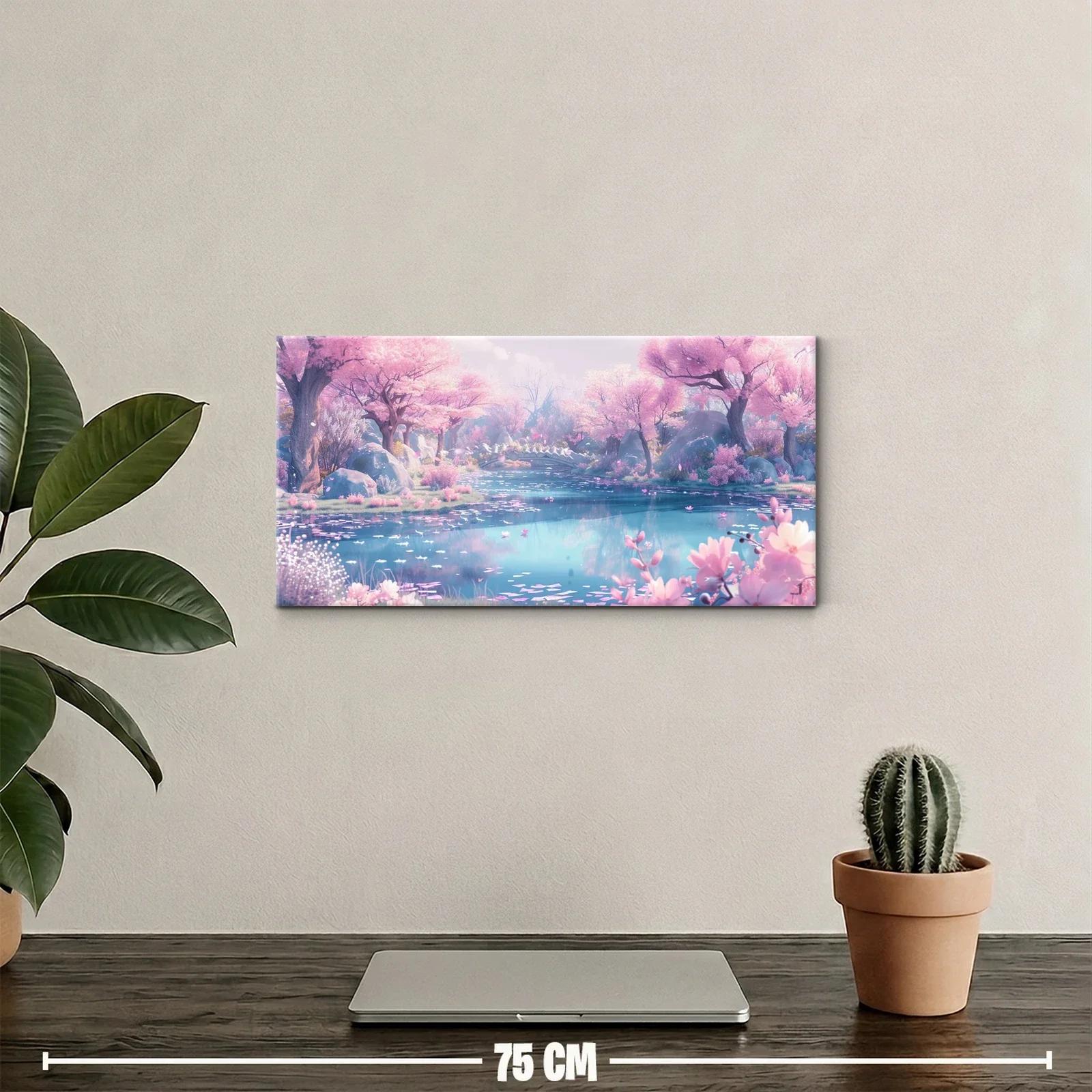 Cuadro lago entre árboles en flor rosados con reflejos suaves — miniatura 2