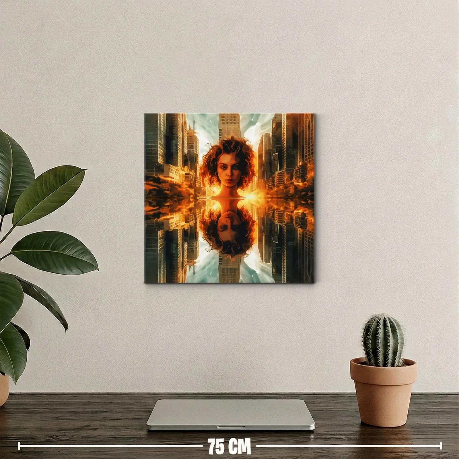 Mujer reflejada en ciudad al atardecer vibrante — miniatura 2
