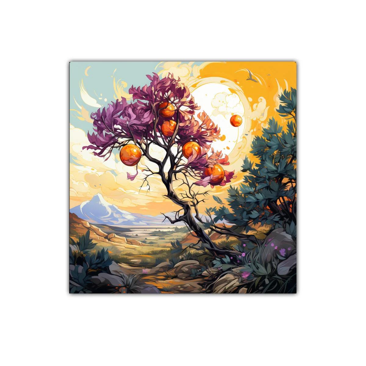 Paisaje surrealista con árbol de frutos naranjas vibrantes — miniatura 1