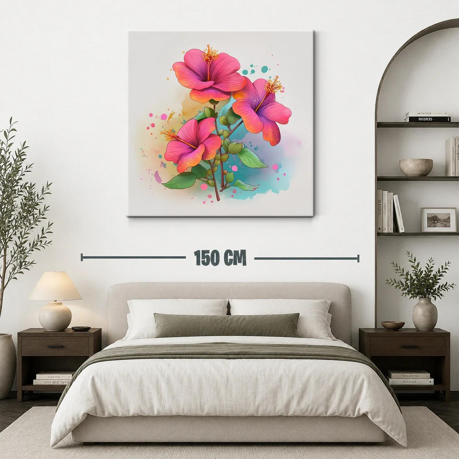 Vibrante cuadro con hibiscos en tonos rosas y naranjas — miniatura 3