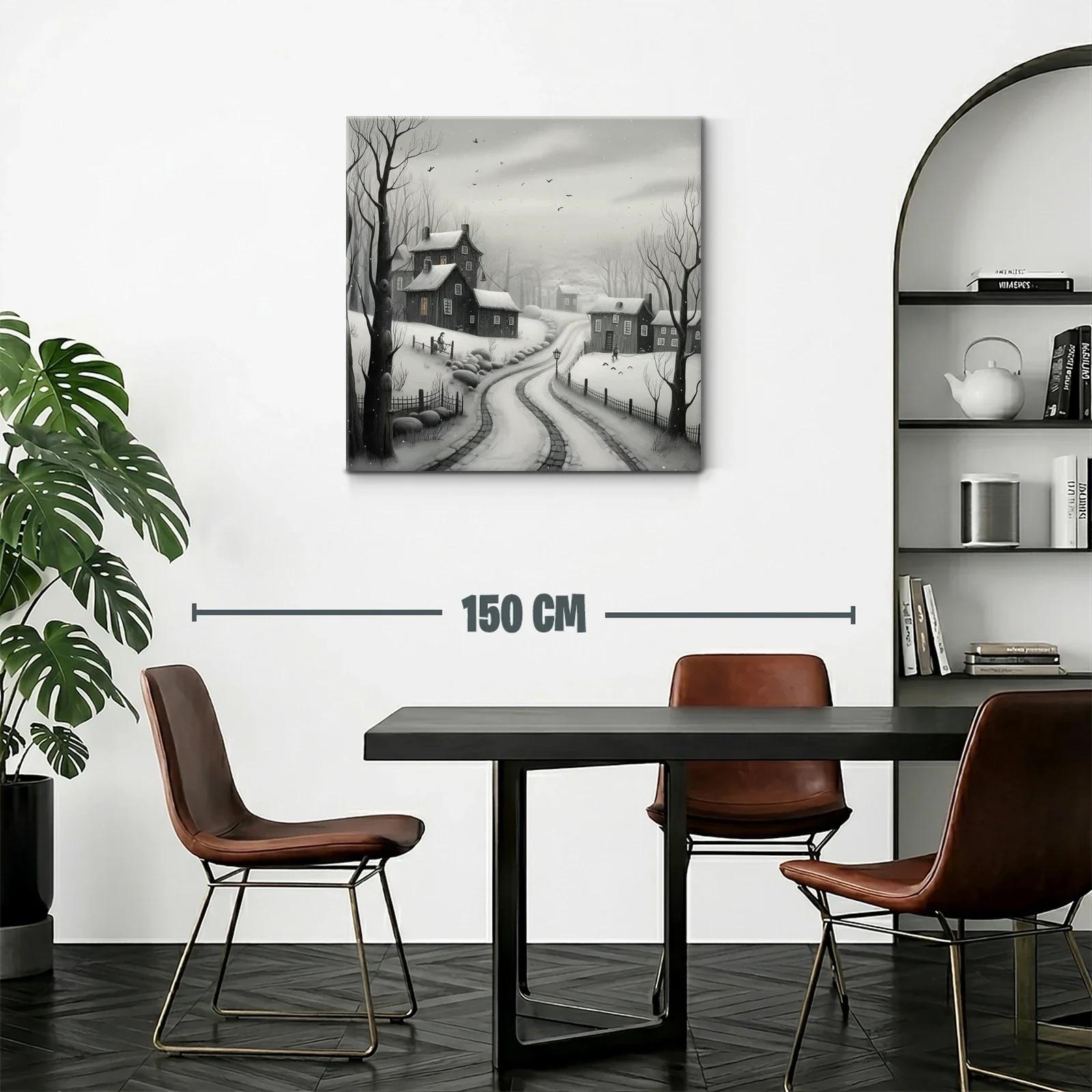 Paisaje invernal con casas y camino nevado en tonos grisáceos — miniatura 2