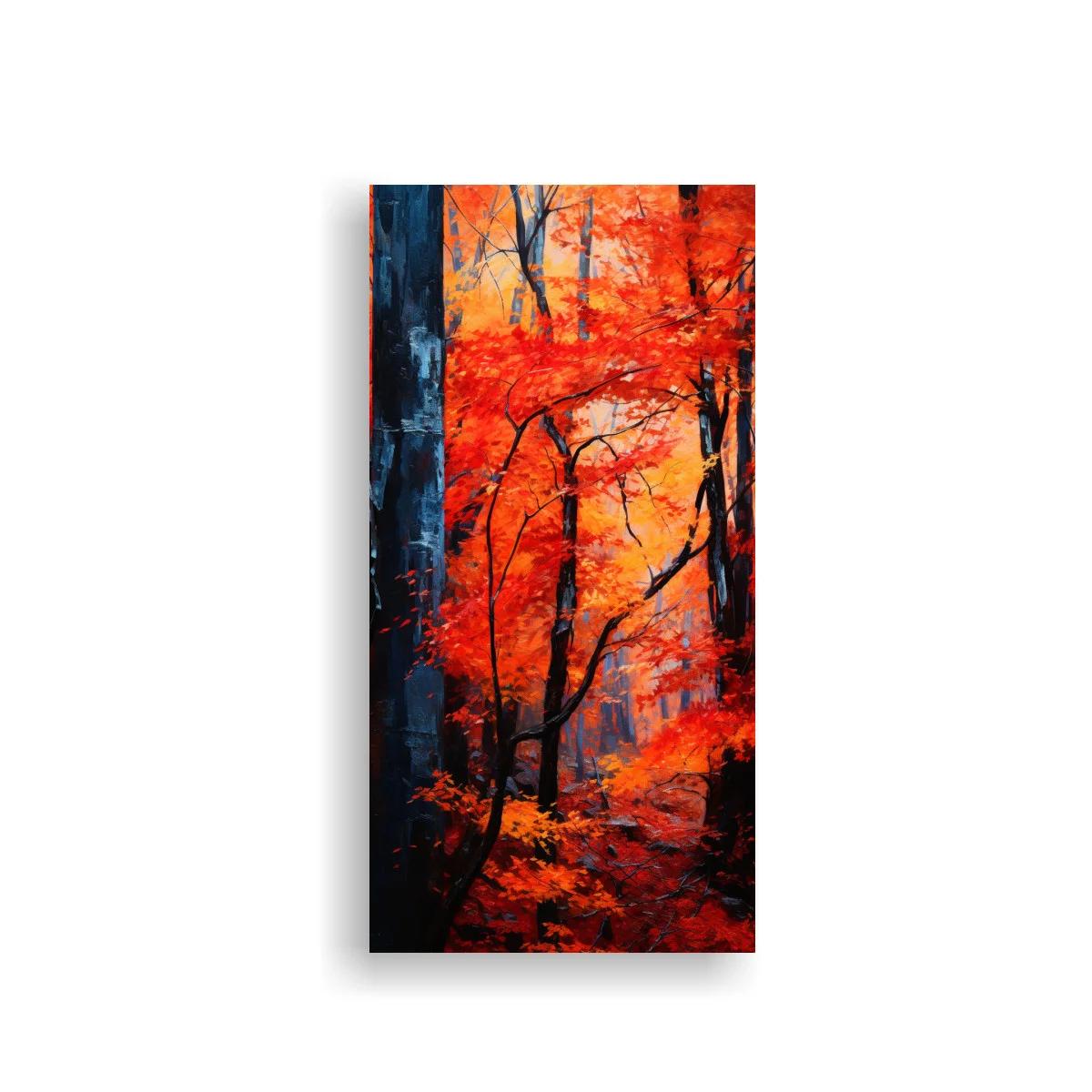 Cuadro bosque otoñal con sendero y follaje rojo intenso