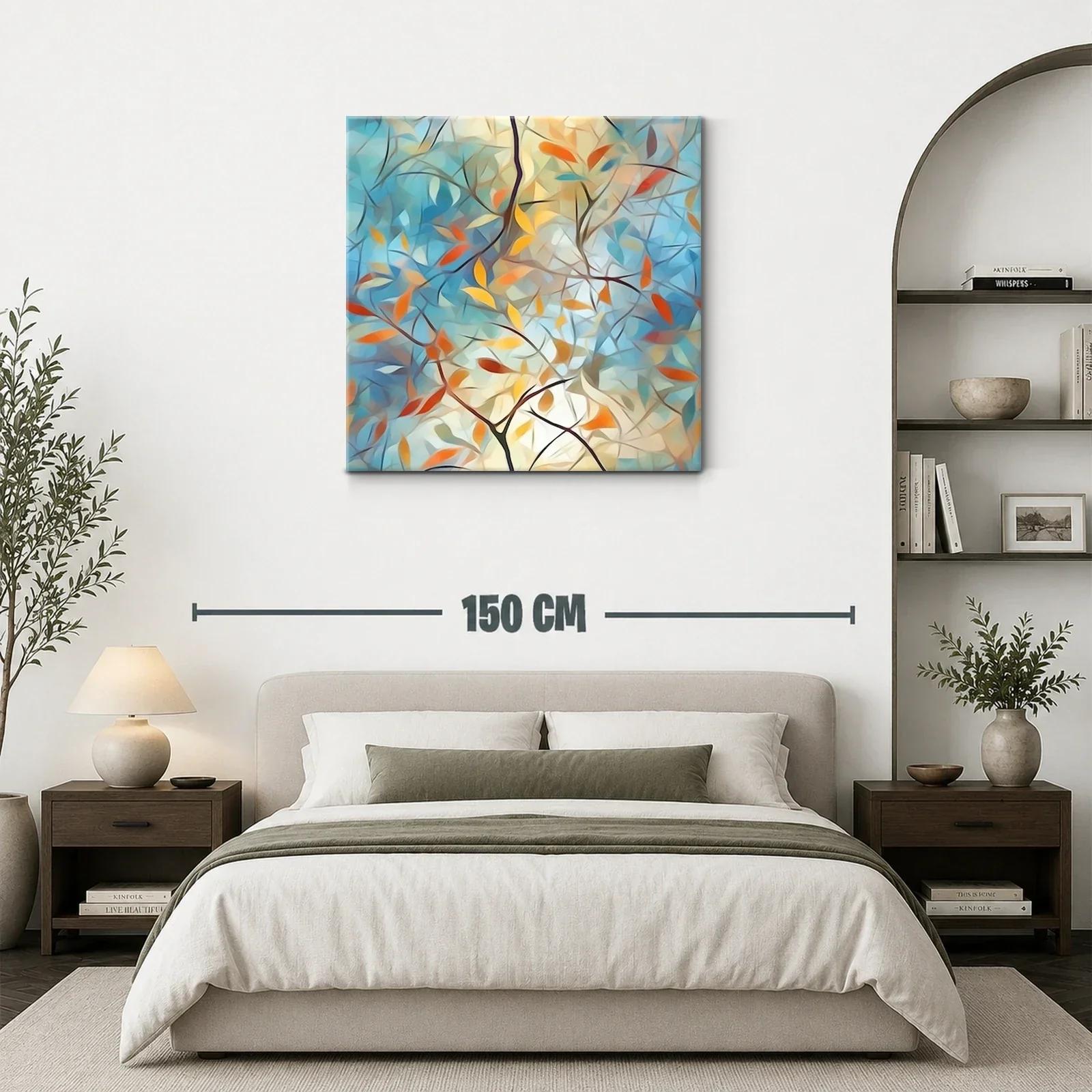 Cuadro abstracto con ramas y hojas en tonos cálidos y azules — miniatura 3