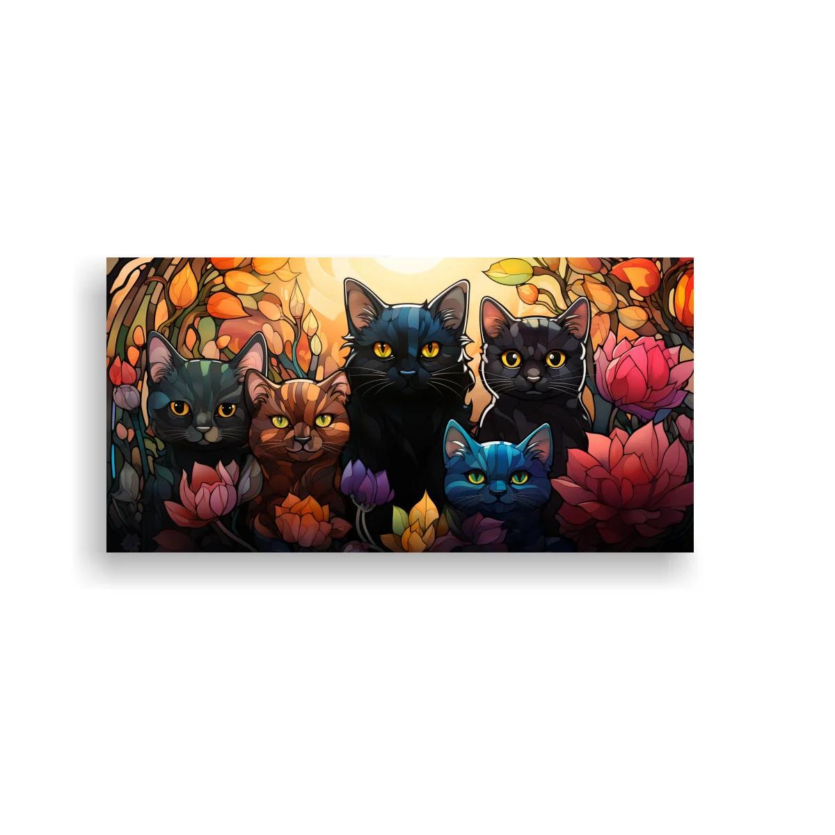 Cuadro grupo de gatos negros con resplandor y follaje curvo — imagen principal