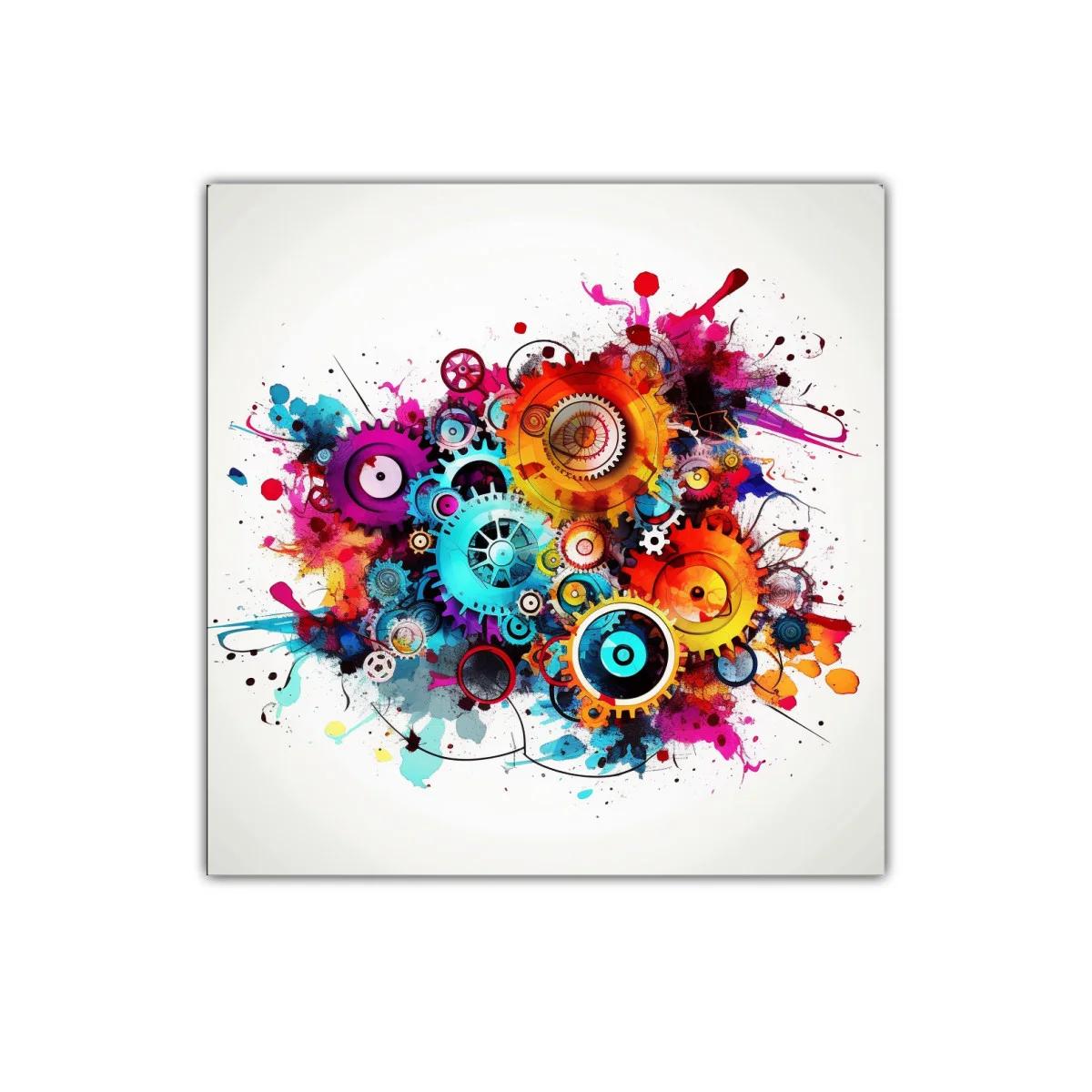 Cuadro abstracto engranajes y explosión de color vibrante — miniatura 1