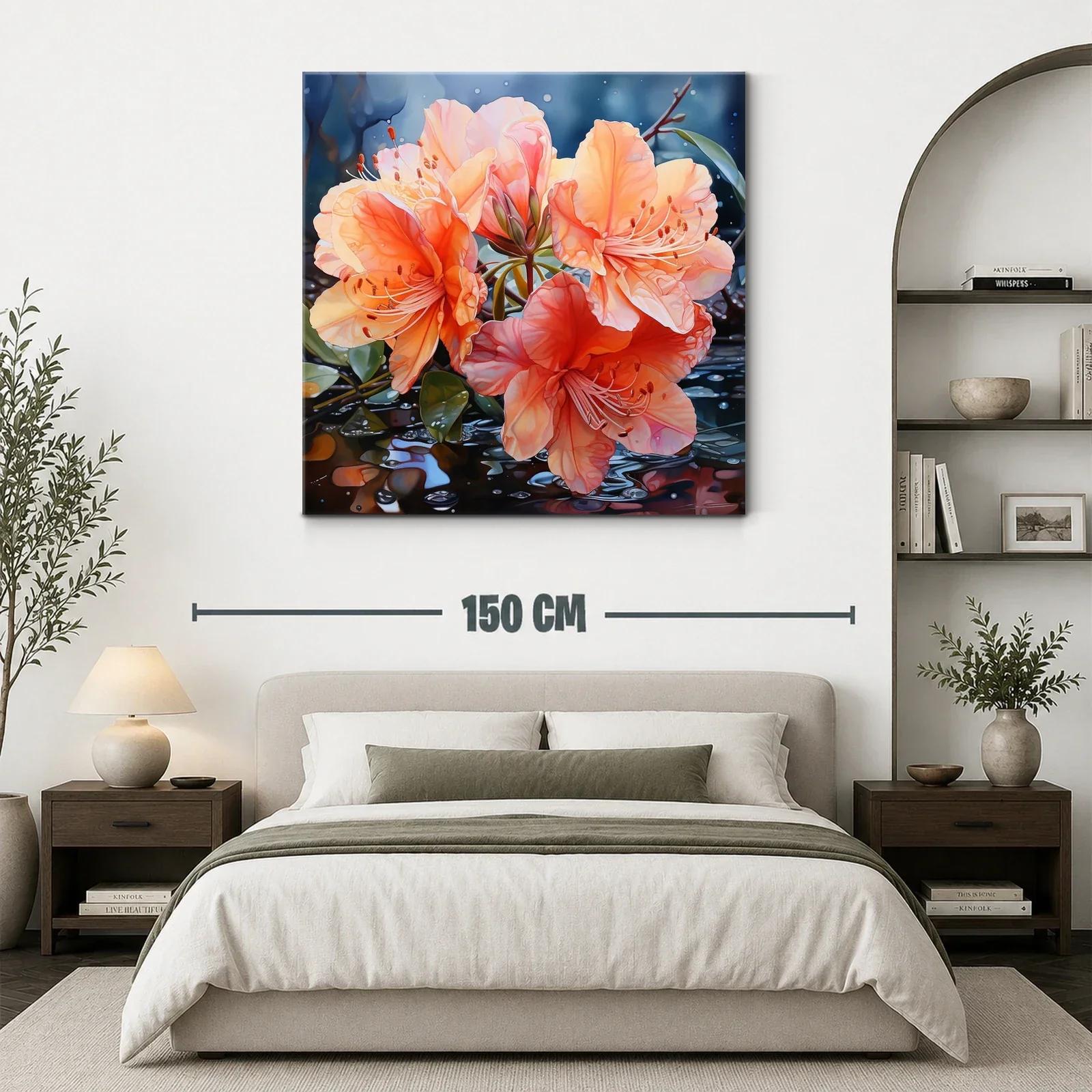 Cuadro vibrante con flores naranjas y reflejos acuáticos — miniatura 3
