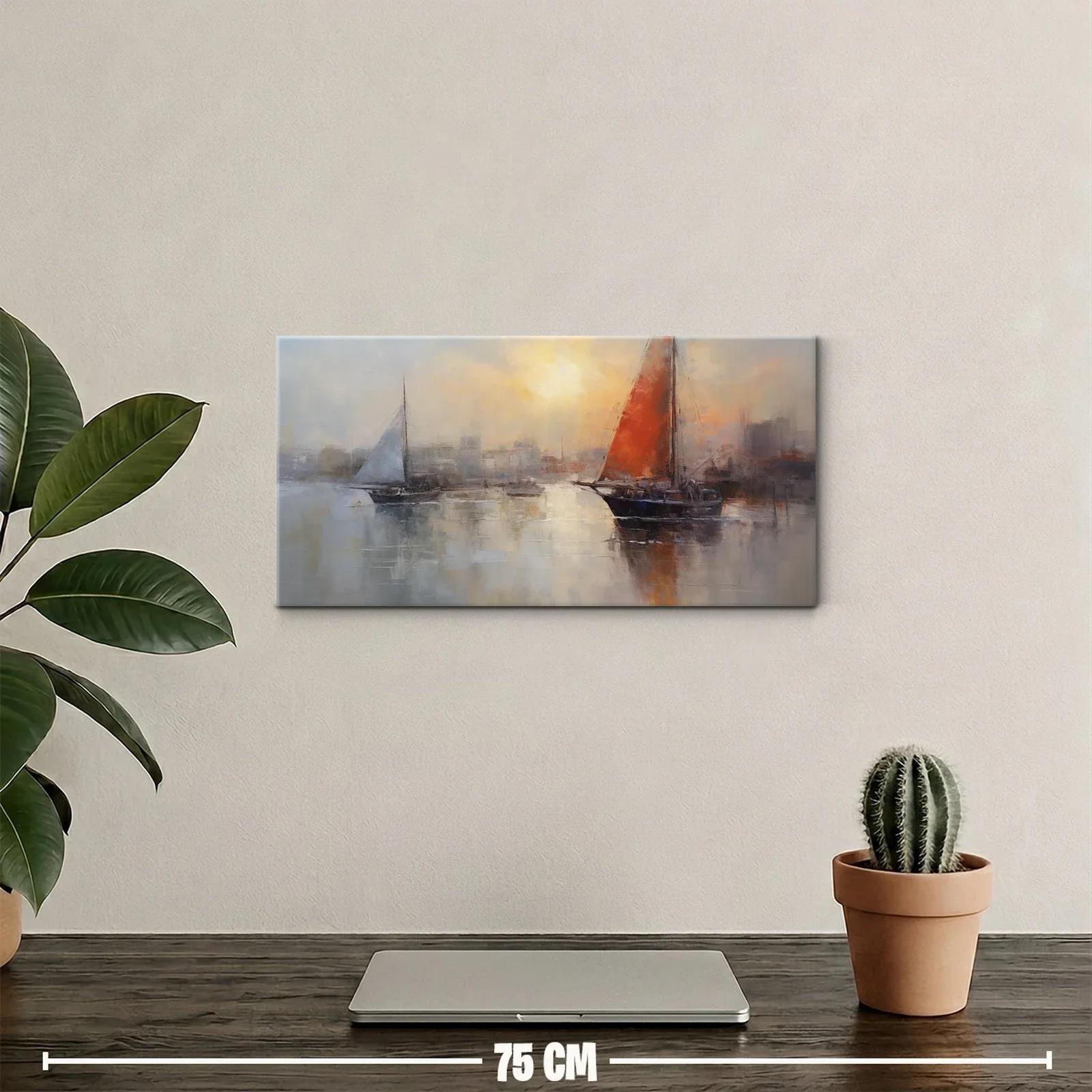 Cuadro velero de vela roja con horizonte urbano borroso — miniatura 2