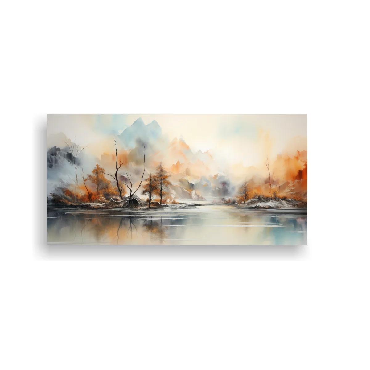 Cuadro paisaje de lago con árboles y bruma — imagen principal