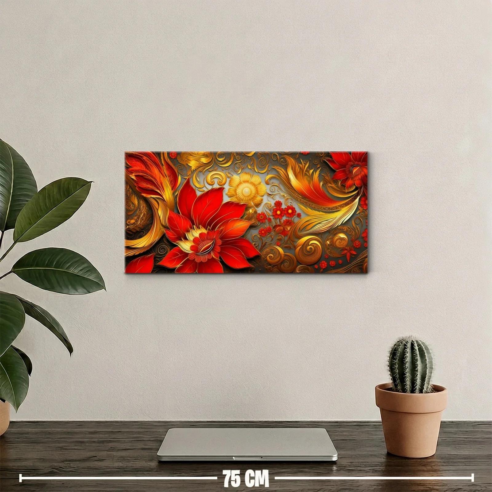 Cuadro flor roja tipo dalia con detalles dorados — miniatura 2