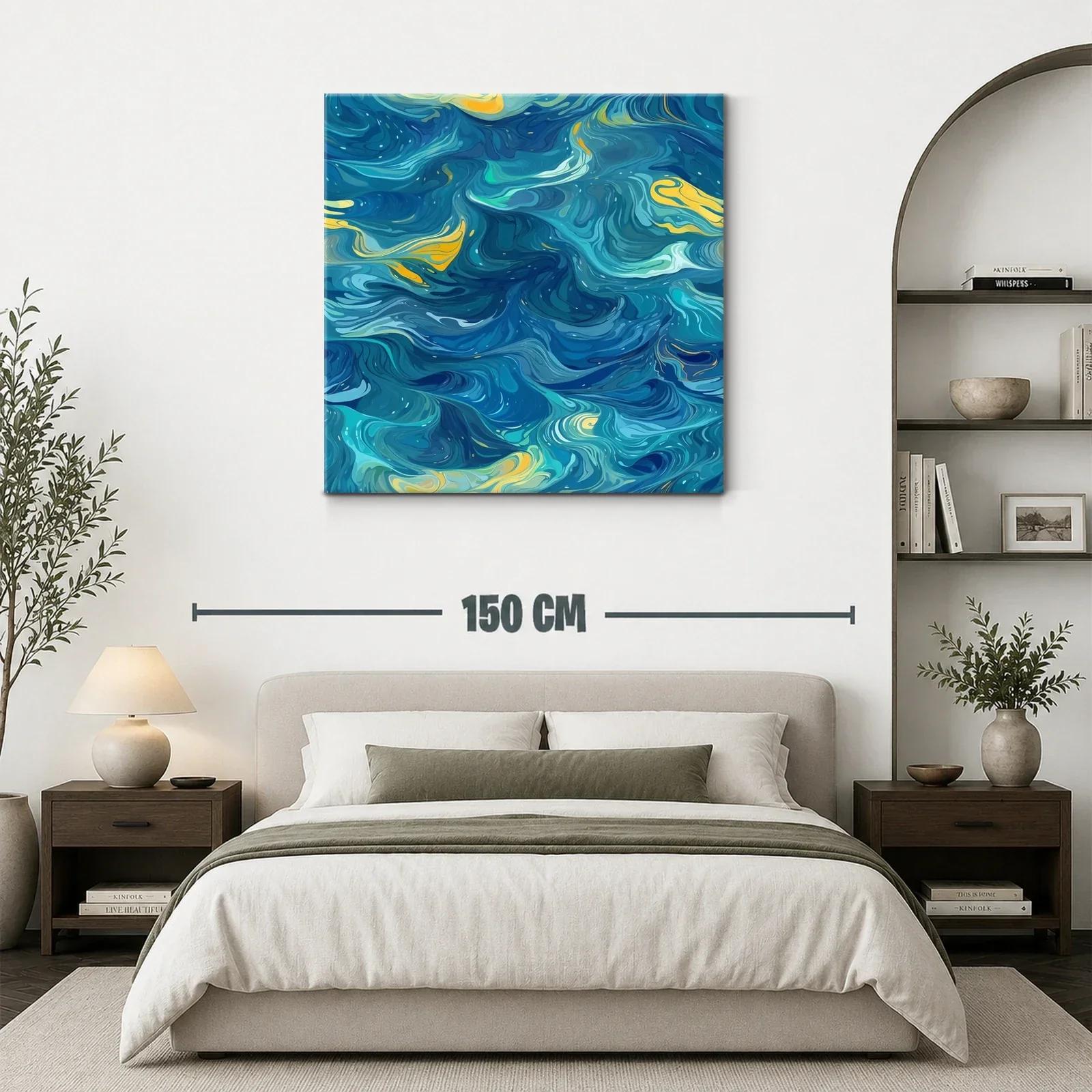 Cuadro abstracto con remolinos azules y toques amarillos — miniatura 3