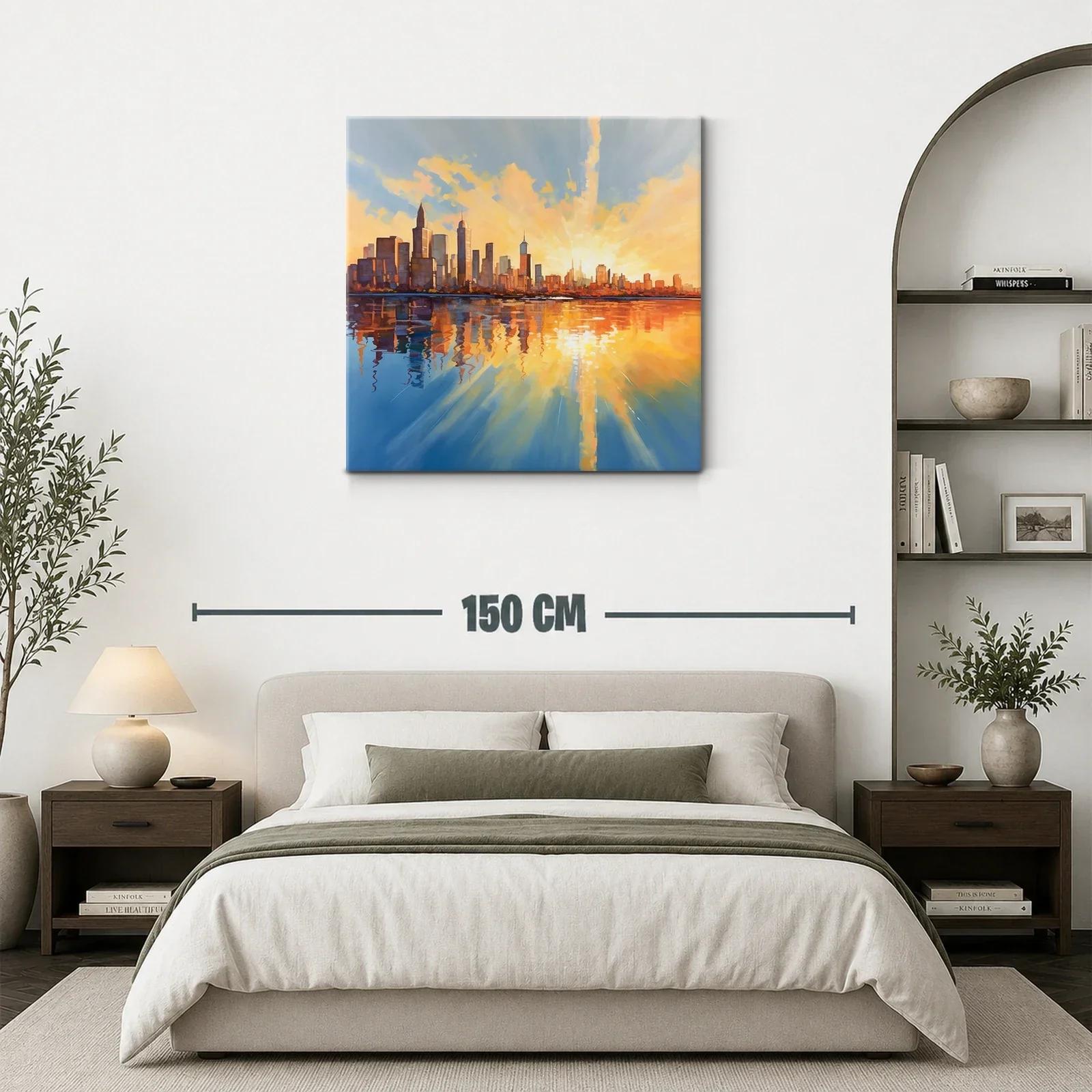 Atardecer vibrante sobre horizonte urbano reflejado en agua — miniatura 3