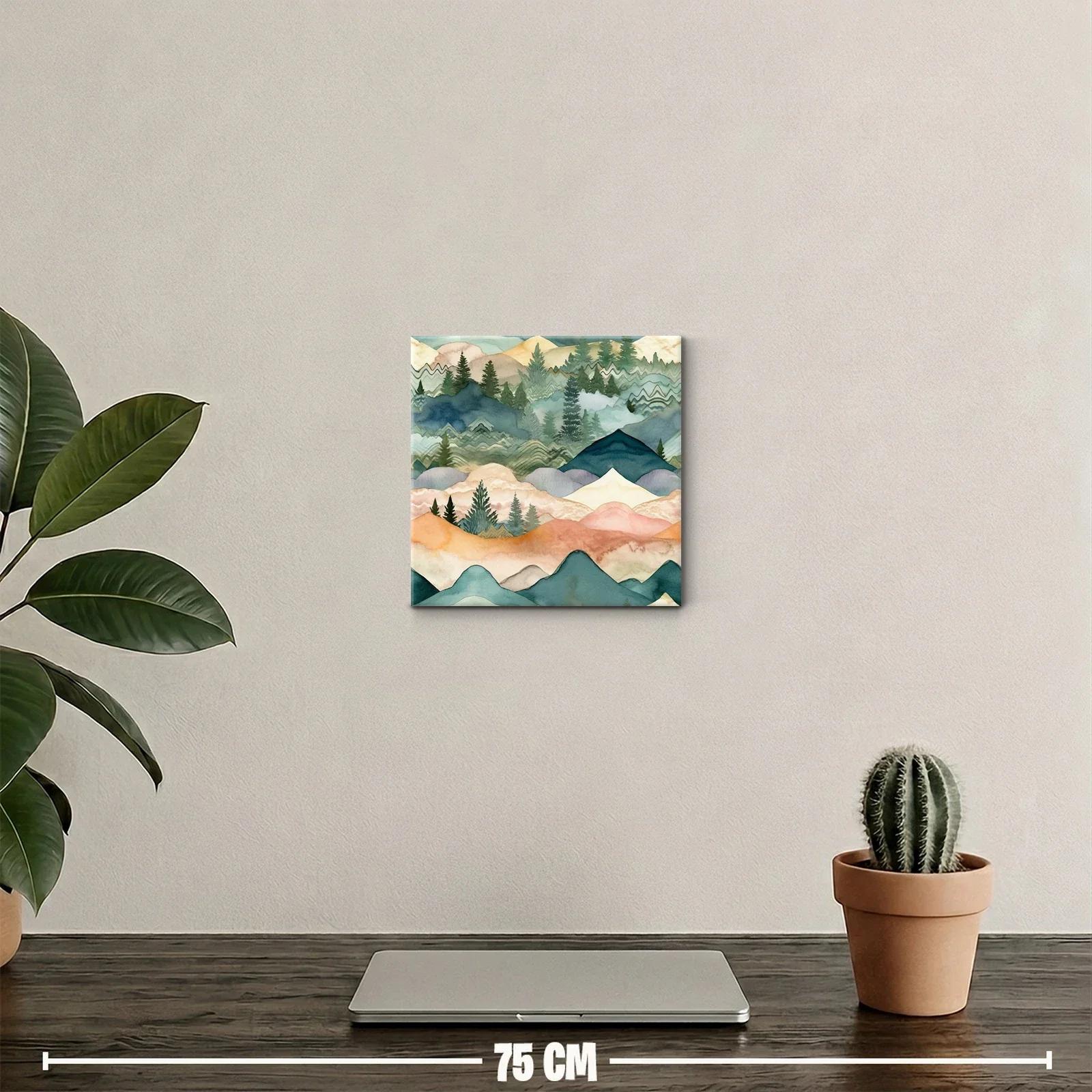 Paisaje abstracto de montañas y pinos en tonos suaves — miniatura 2
