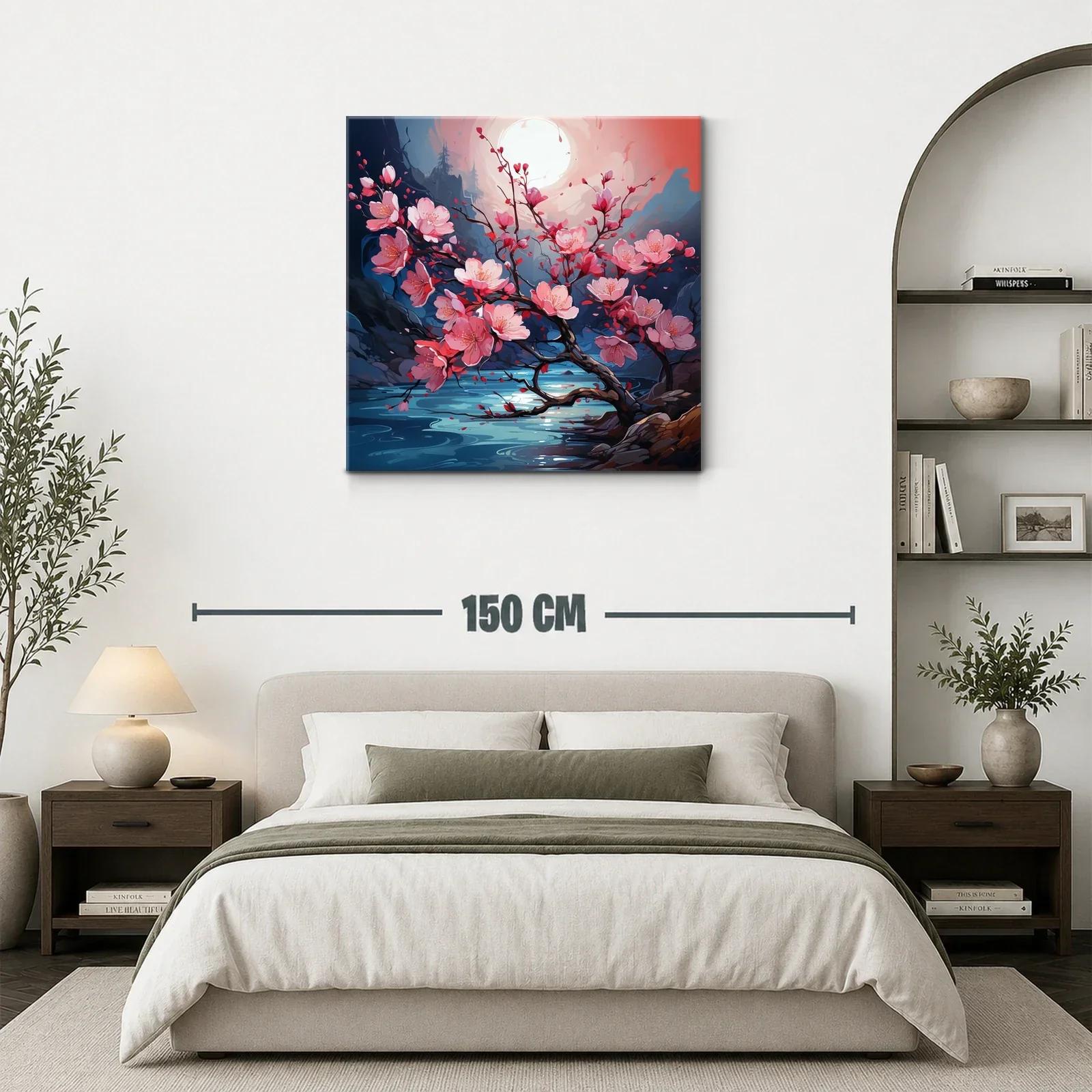 Rama de flores rosas bajo la luna en paisaje sereno — miniatura 3