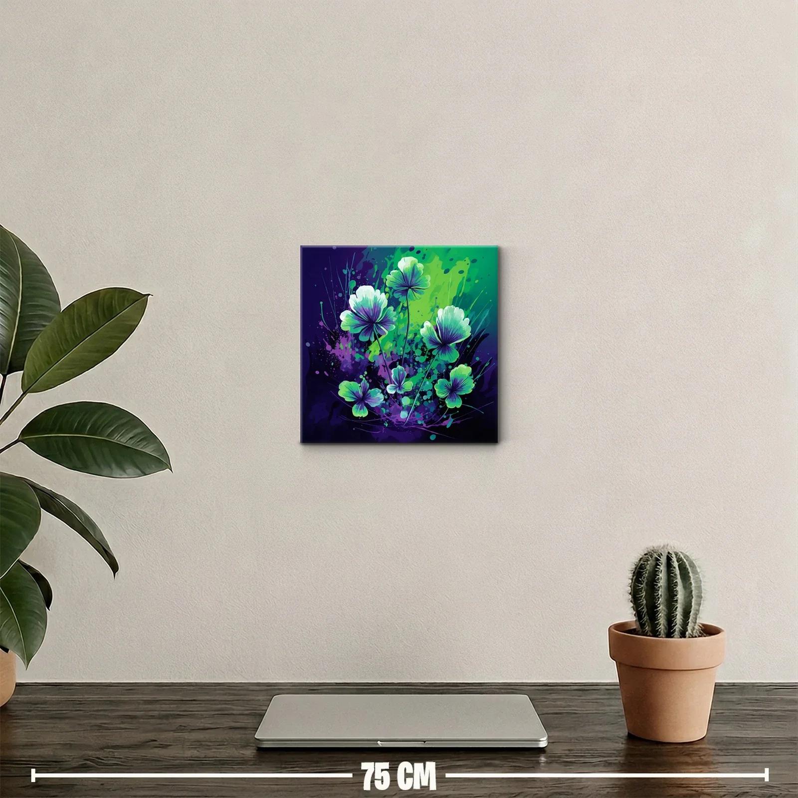 Cuadro decorativo con flores en tonos verdes y morados vibrantes — miniatura 2