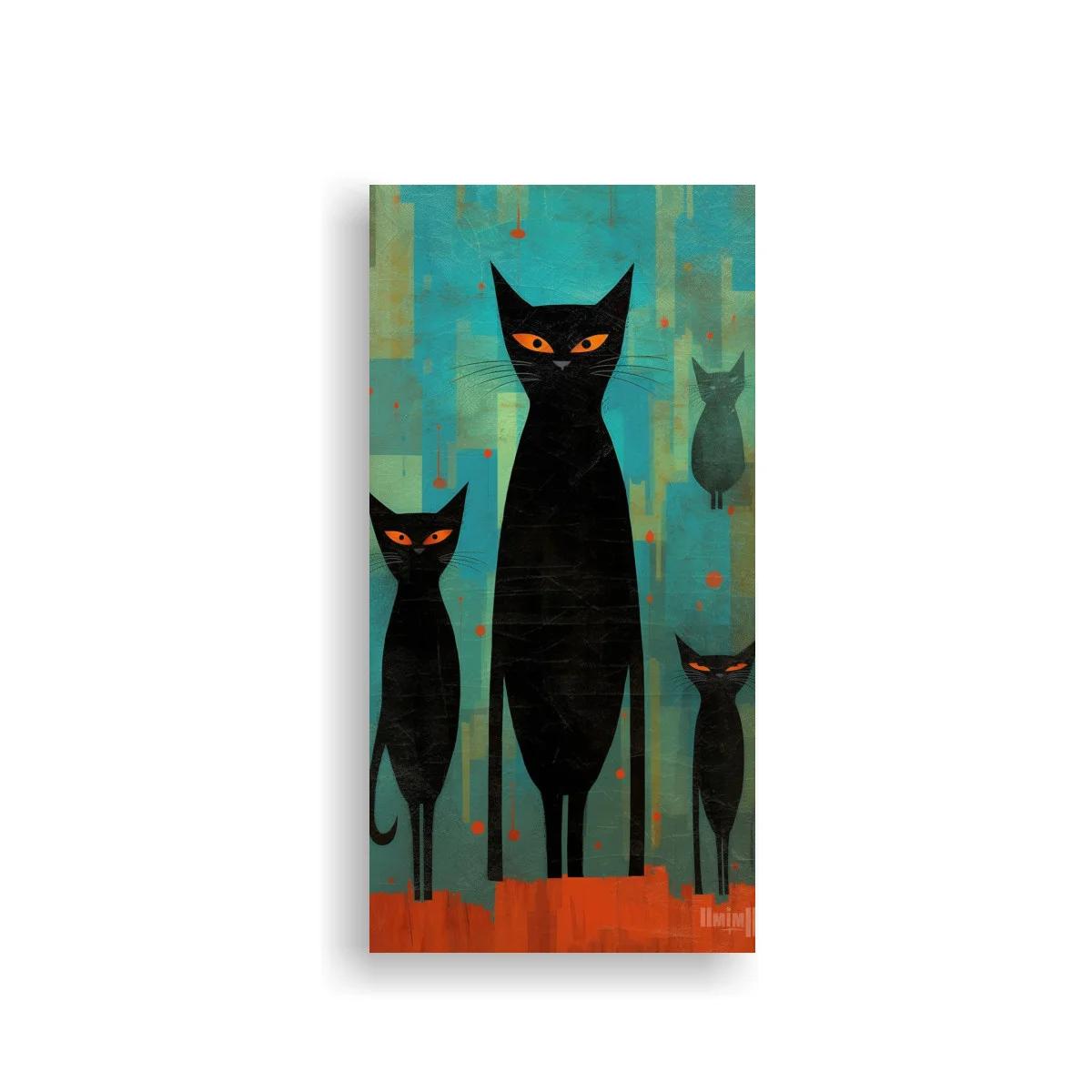 Cuadro gato negro alto con gatos pequeños y fondo turquesa — imagen principal
