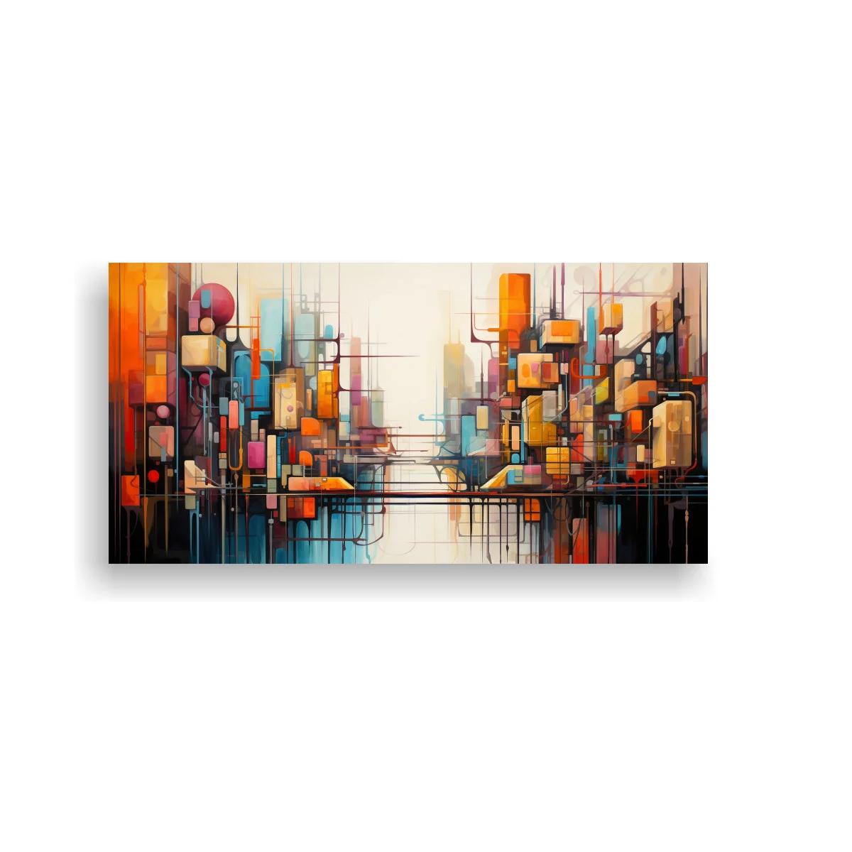 Cuadro ciudad abstracta con trazos lineales y bloques de color — imagen principal