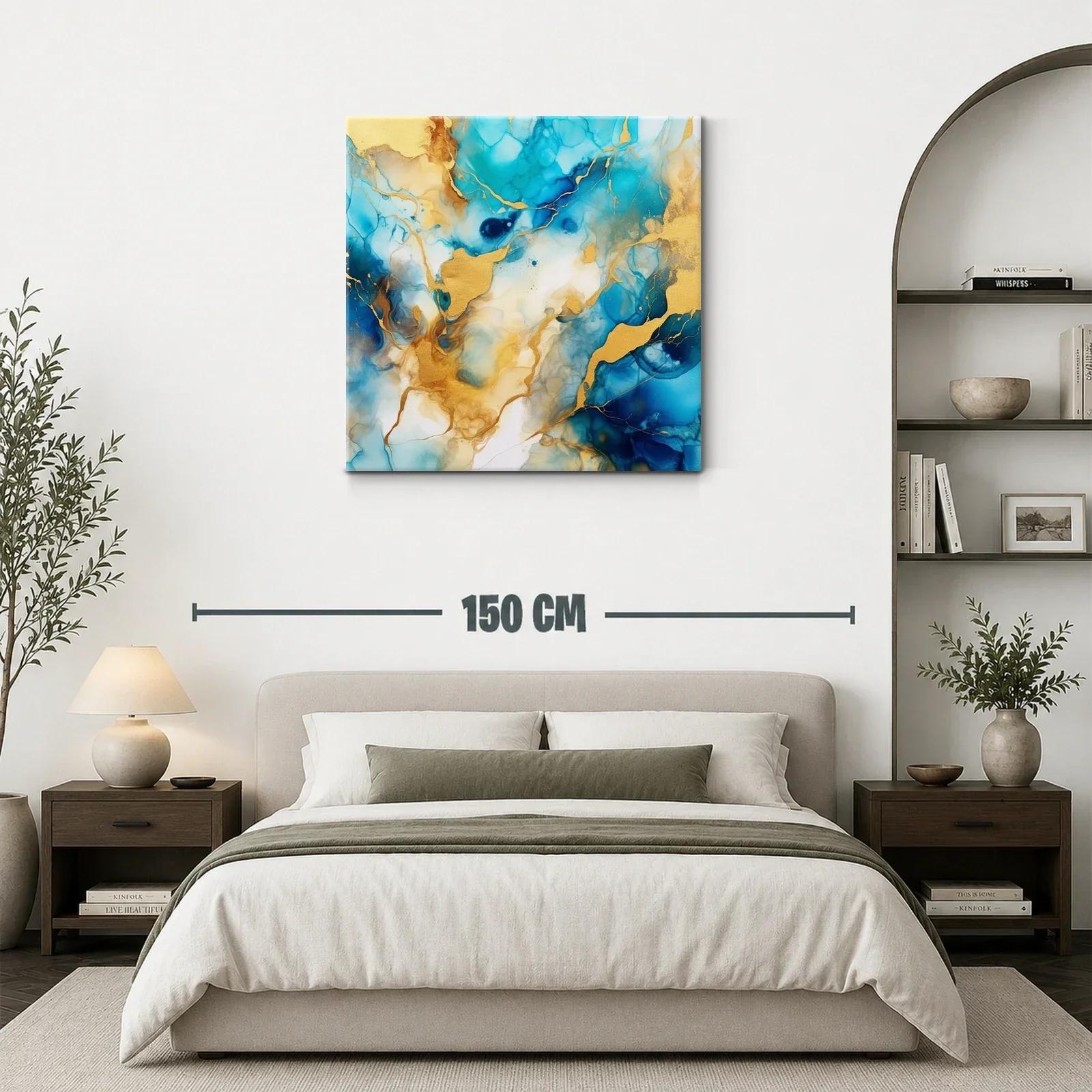 Cuadro abstracto con tonos azules y dorados vibrantes — miniatura 3