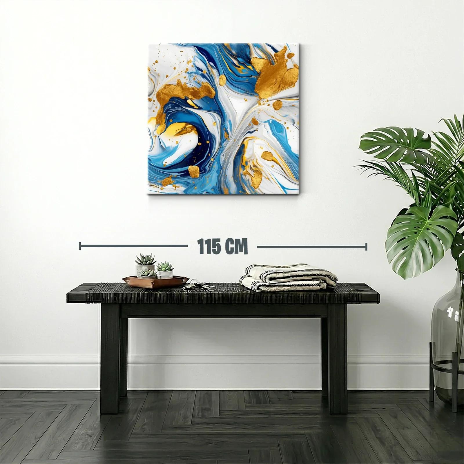 Cuadro abstracto con tonos azules y detalles dorados vibrantes — miniatura 2