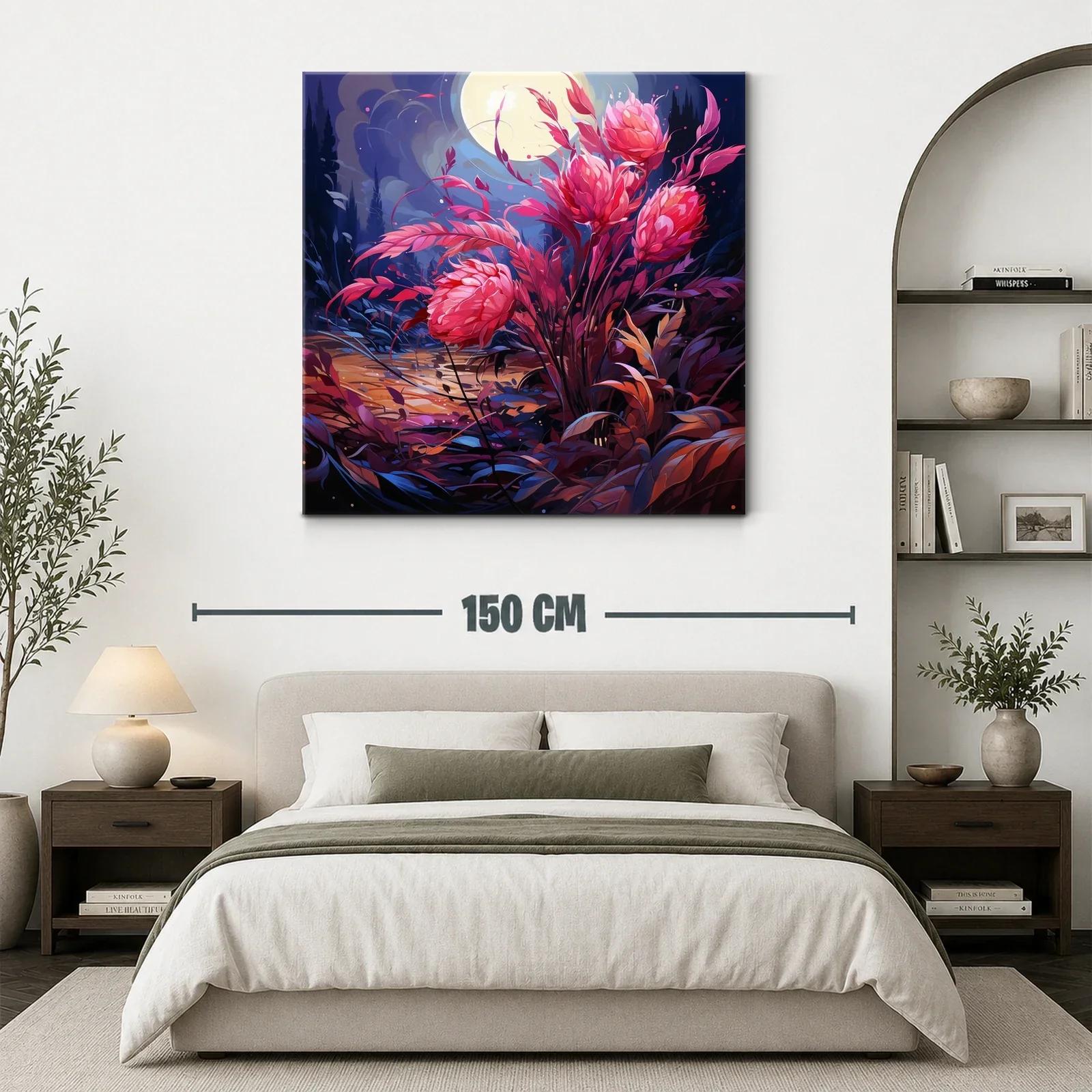 Ramo de flores rosas bajo la luna llena en paisaje nocturno — miniatura 3
