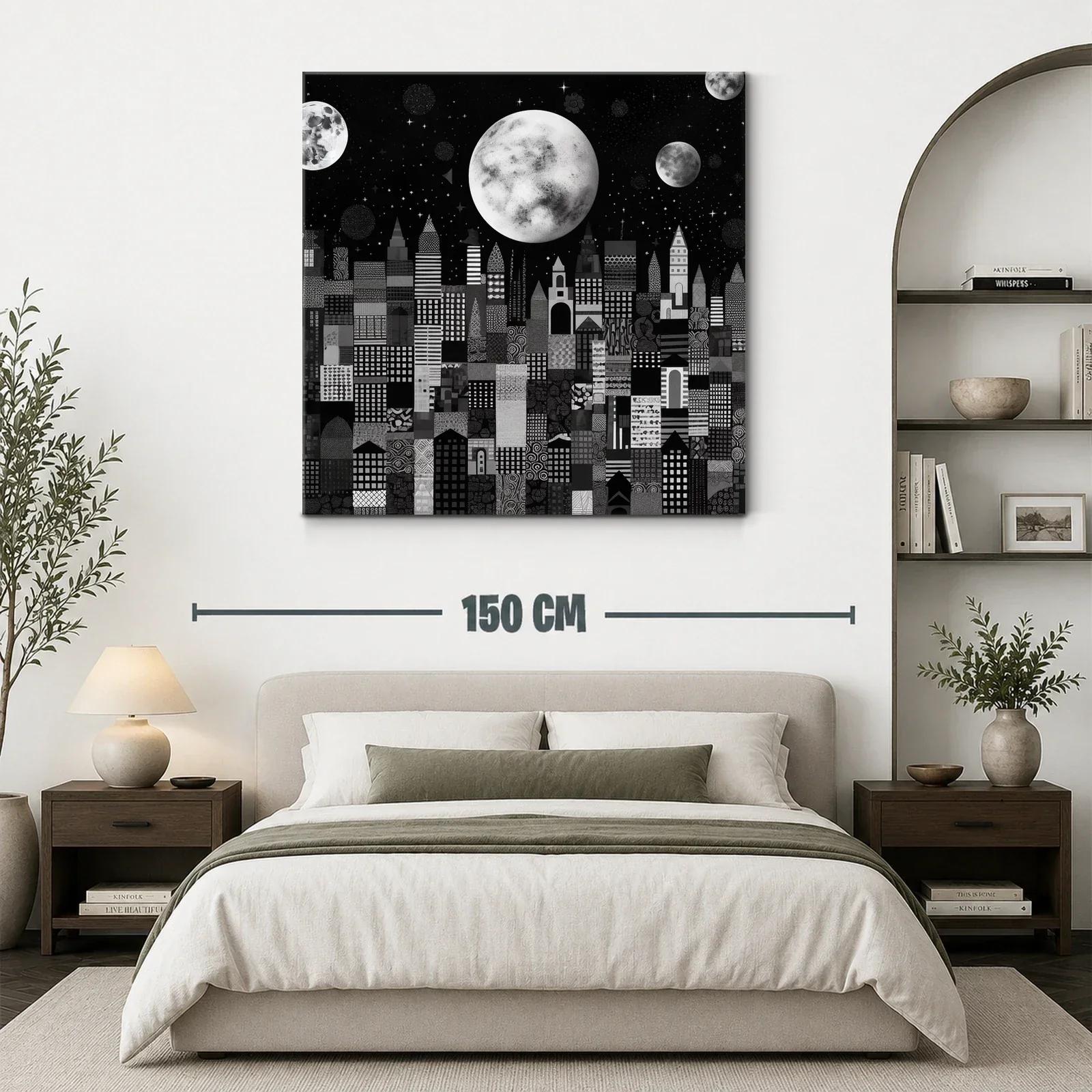 Ciudad nocturna con lunas y cielo estrellado en tonos grises — miniatura 3