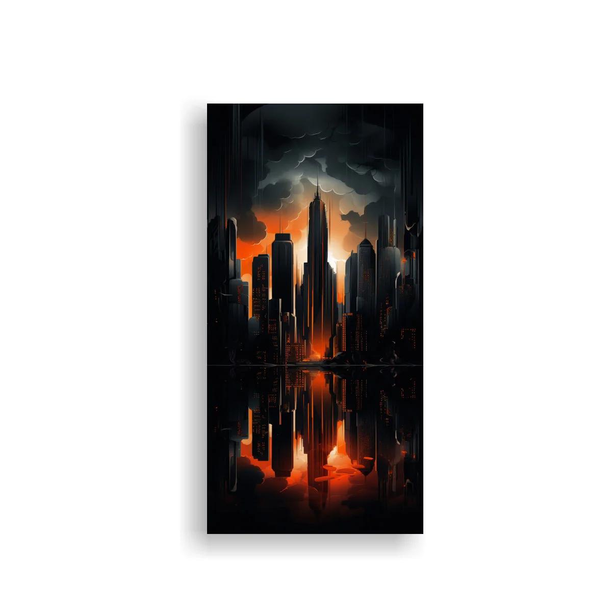 Cuadro skyline urbano con relámpago y reflejo naranja