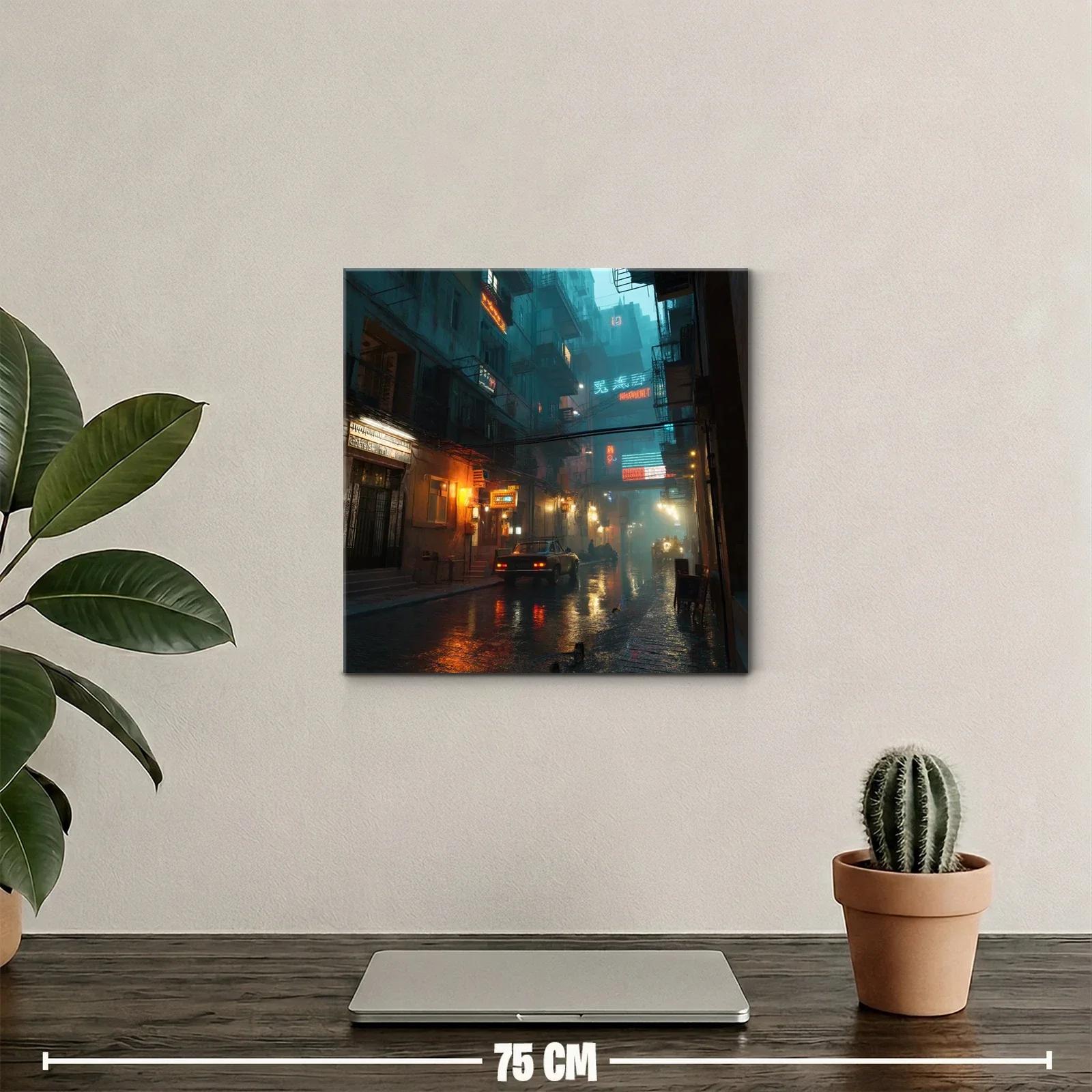 Atardecer urbano con luces de neón en calle lluviosa — miniatura 2