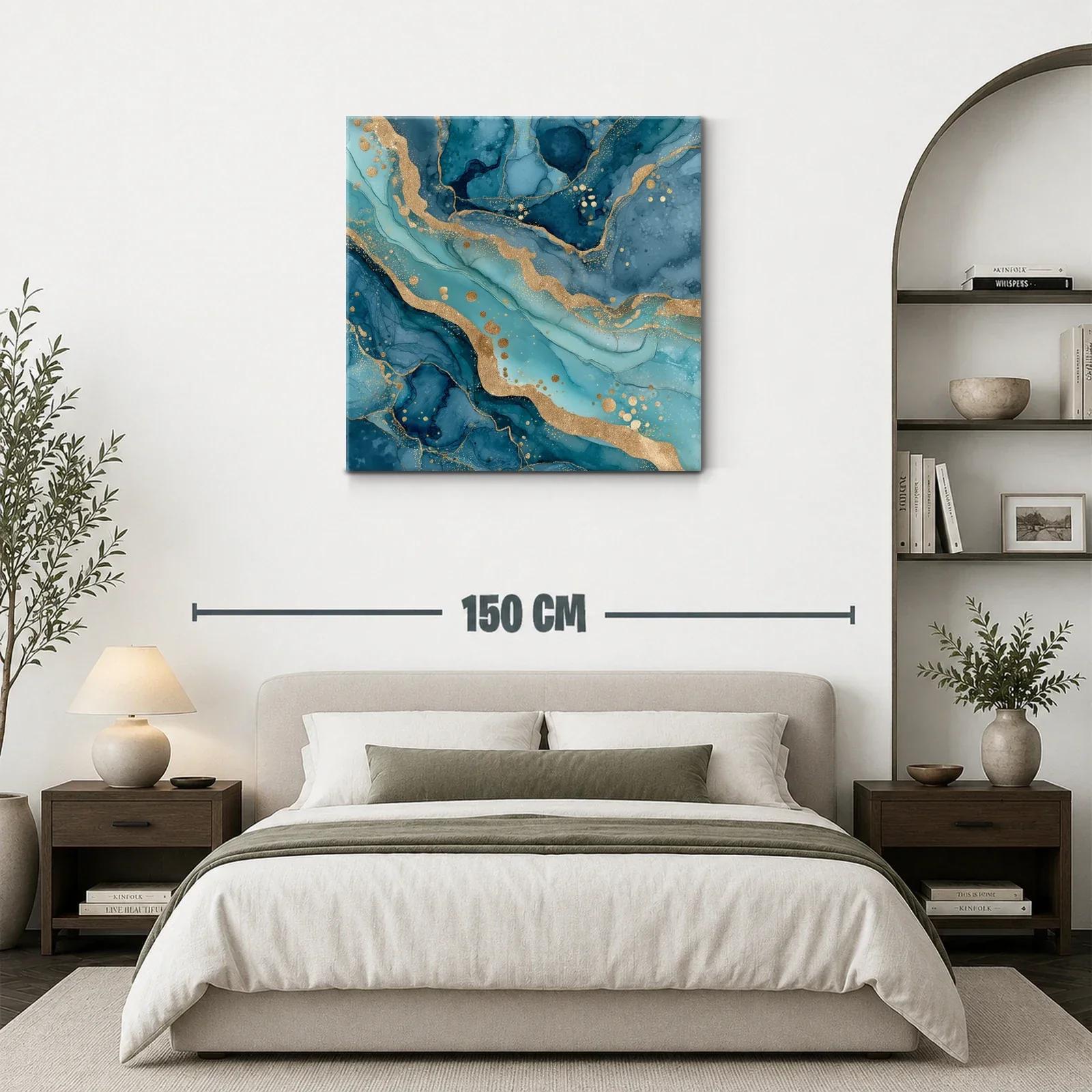 Cuadro abstracto con tonos azules y detalles dorados brillantes — miniatura 3