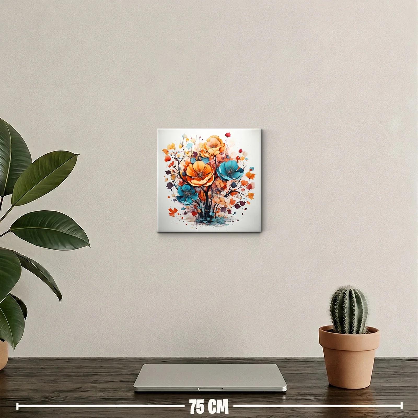 Cuadro floral vibrante con tonos cálidos y azules intensos — miniatura 2