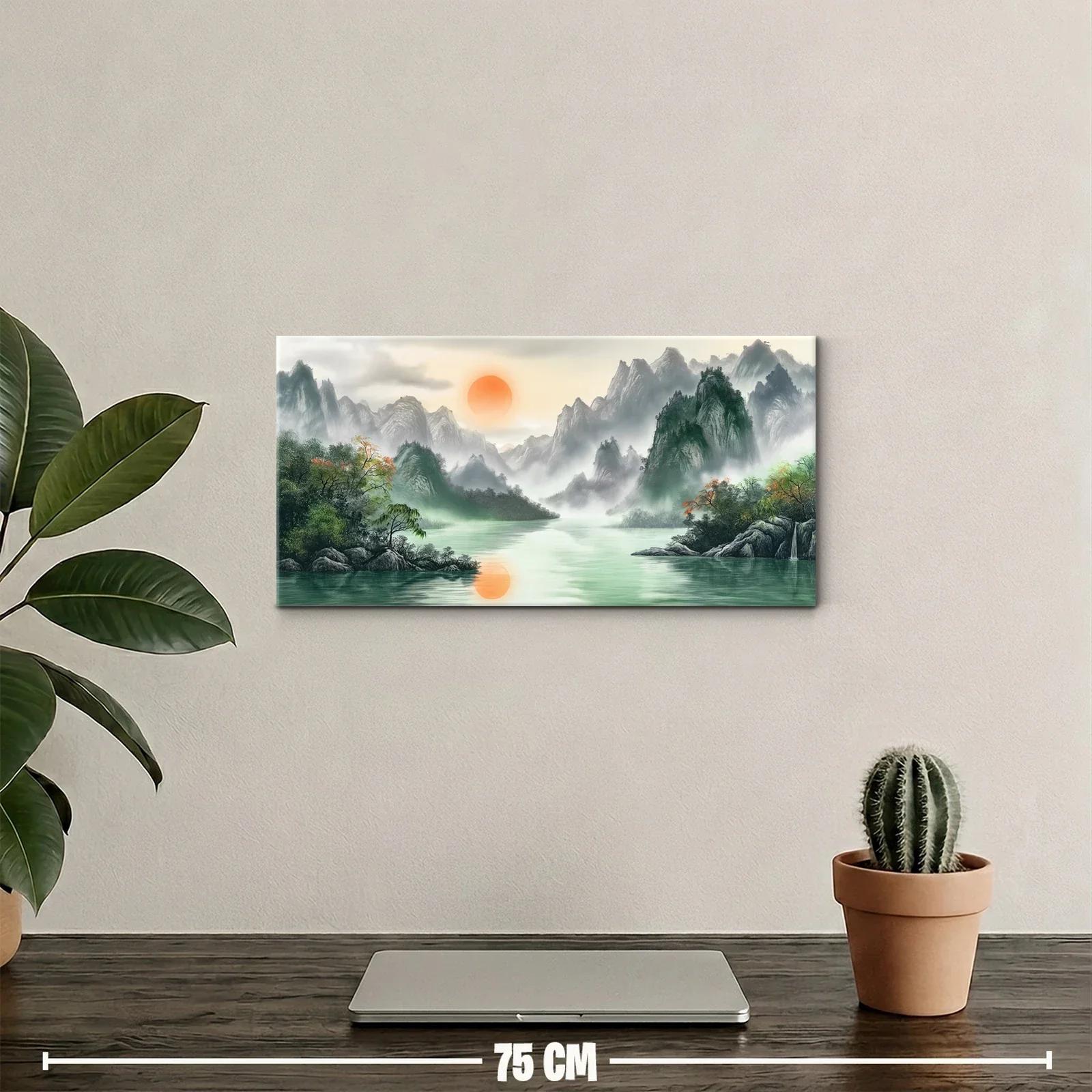 Cuadro paisaje de montañas con lago y sol naranja — miniatura 2