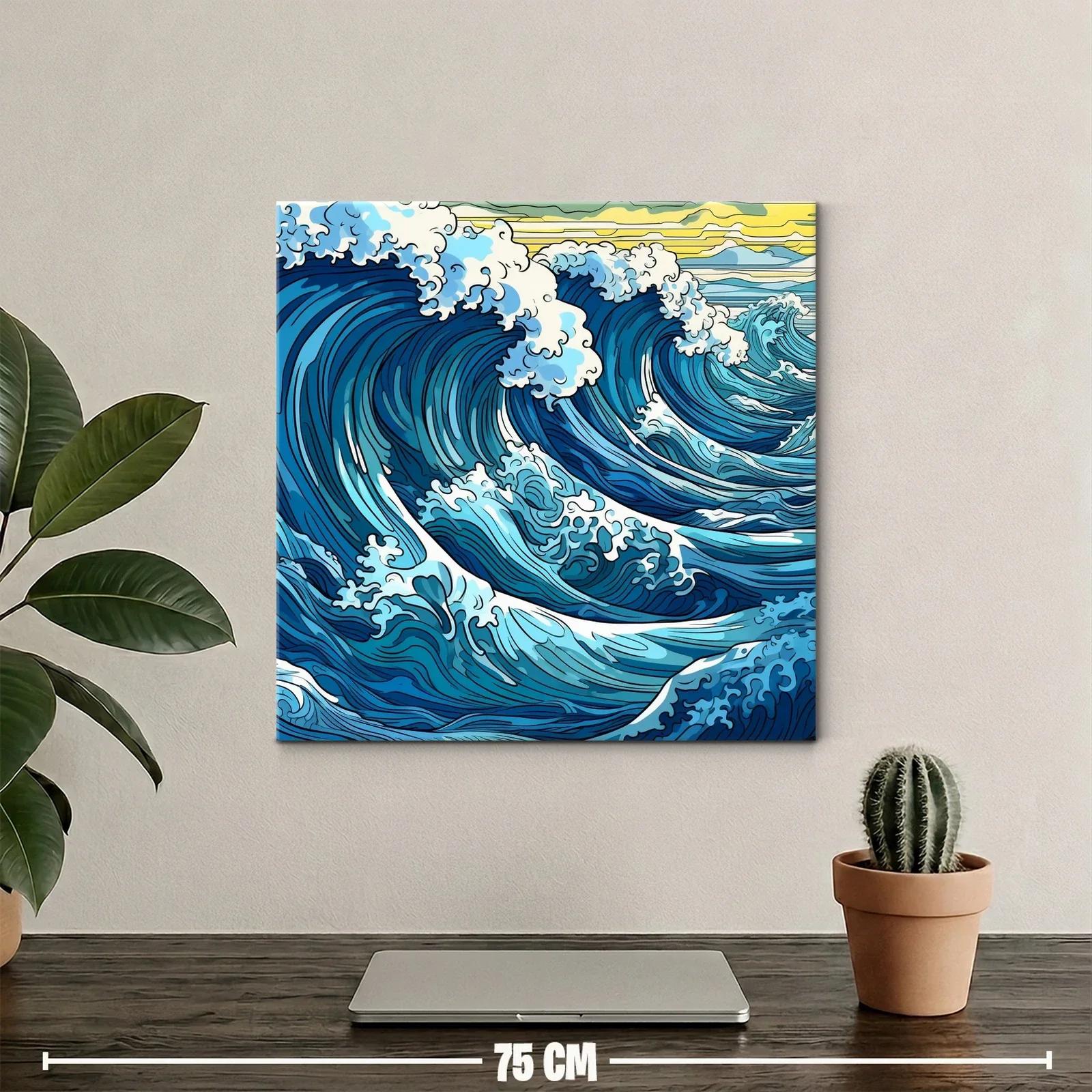 Vibrantes olas azules con espuma blanca y cielo amarillo — miniatura 2