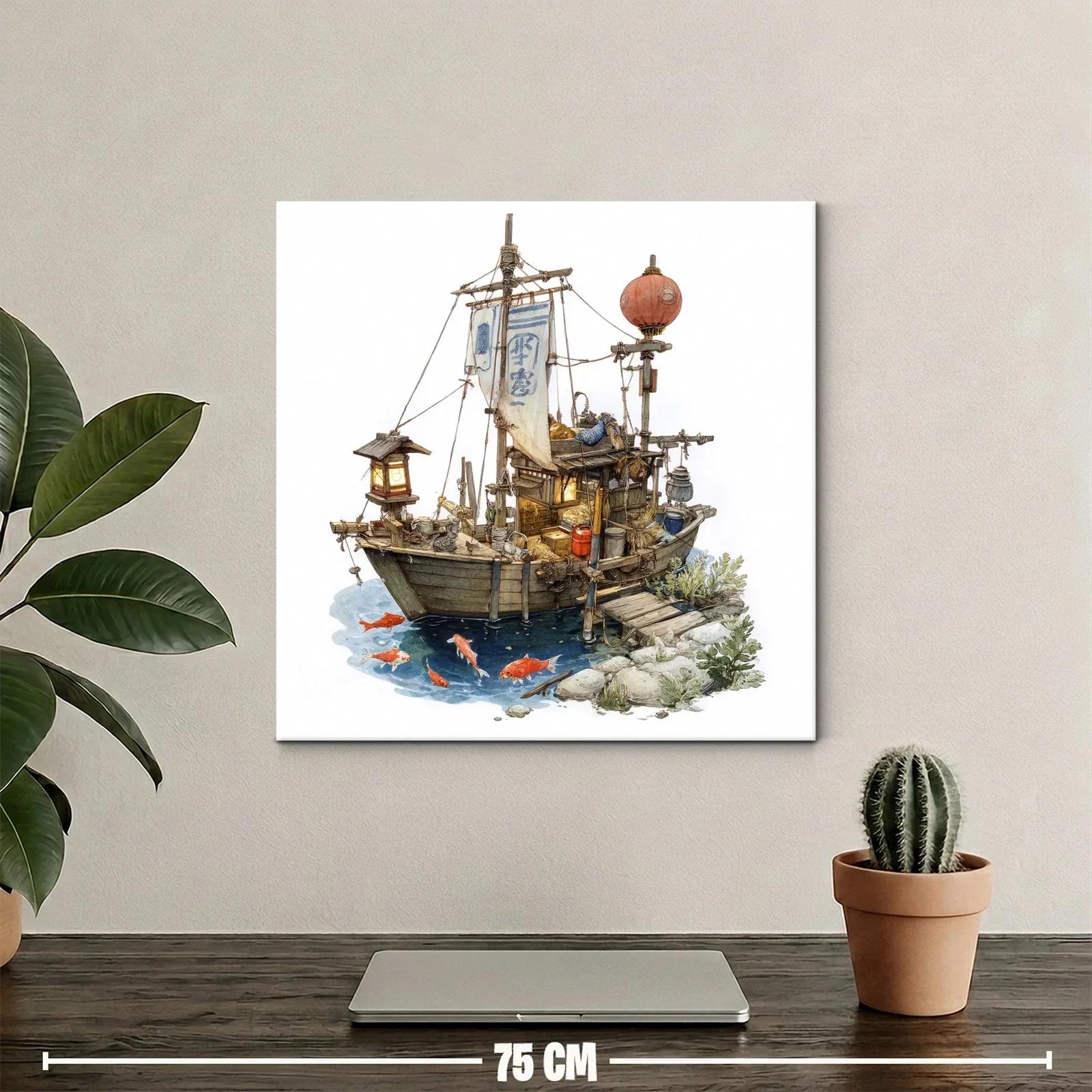 Barco tradicional con linternas y peces en agua tranquila — miniatura 2