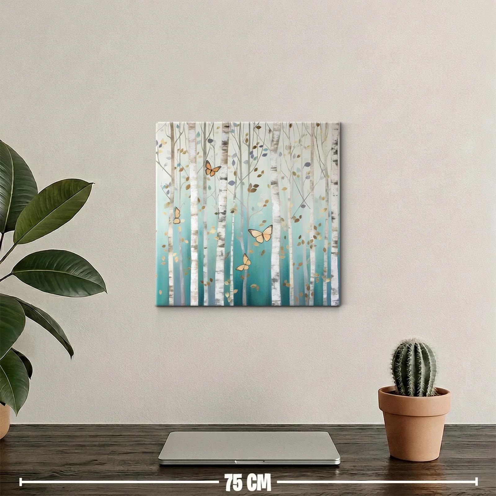 Bosque de abedules con mariposas doradas y azul turquesa — miniatura 2