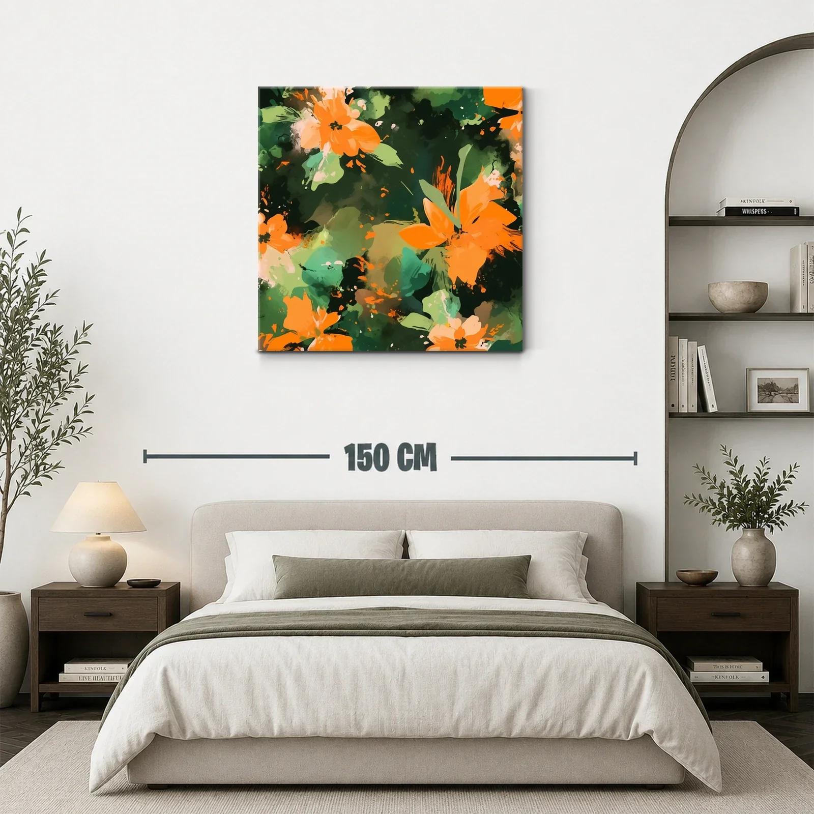 Cuadro abstracto con flores naranja y fondo verde oscuro — miniatura 3