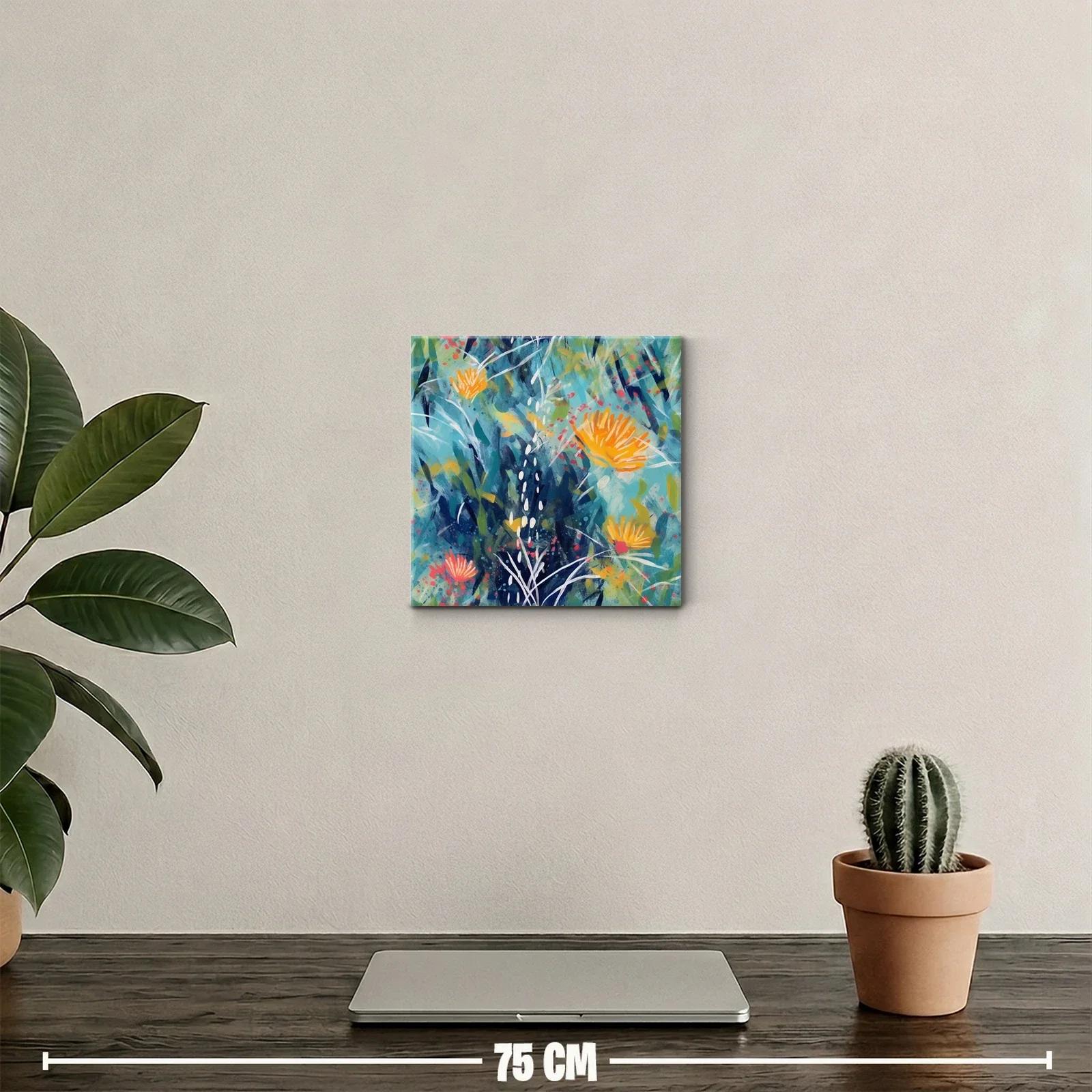 Cuadro abstracto floral en tonos azules y naranjas vivos — miniatura 2