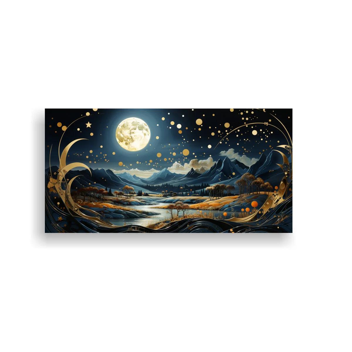 Cuadro paisaje montañoso con luna llena y detalles dorados — imagen principal