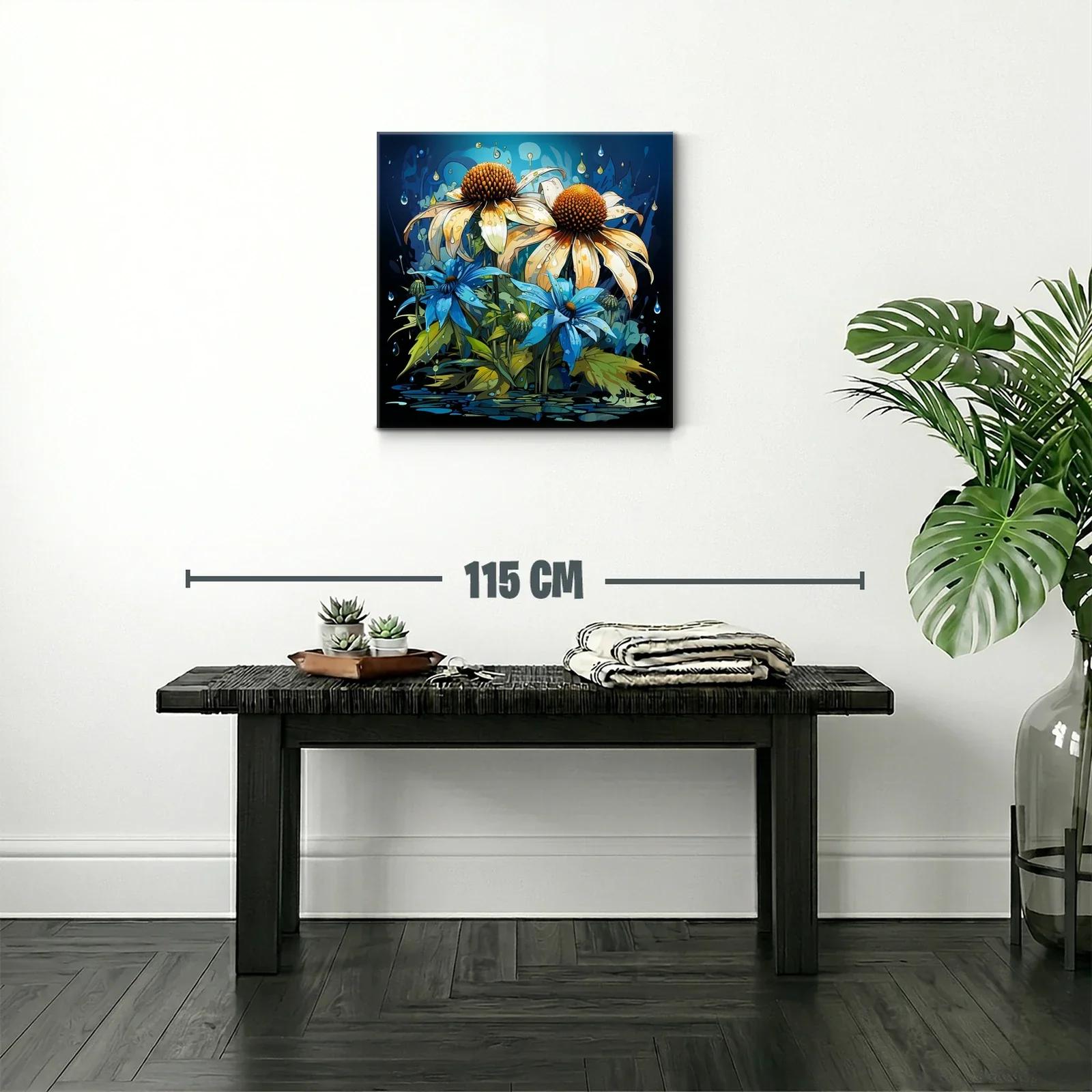Flores vibrantes con gotas sobre fondo azul oscuro — miniatura 2