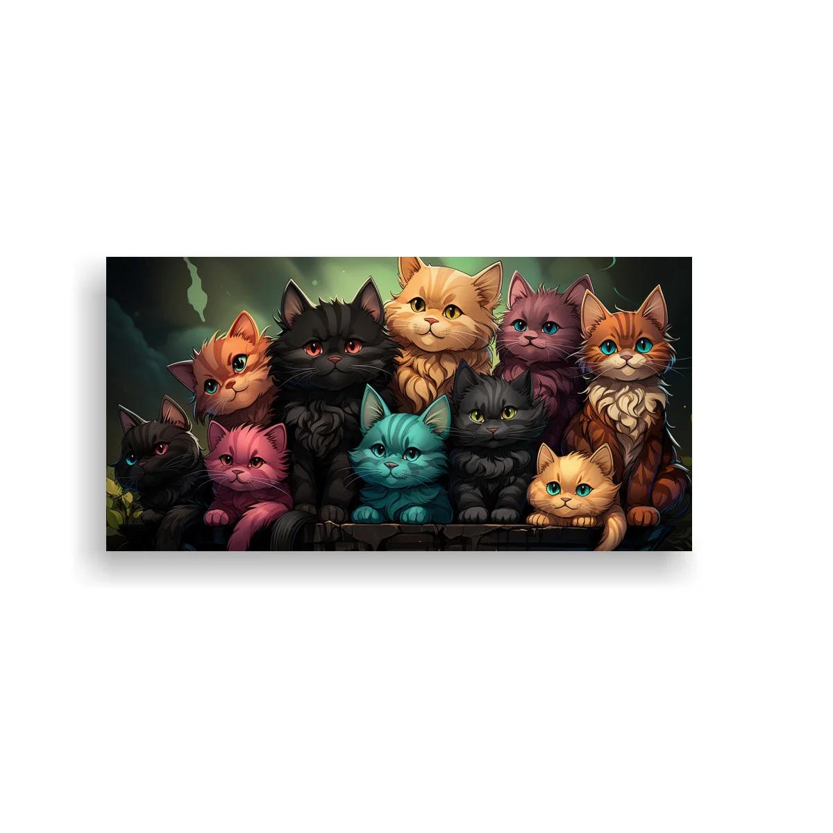 Cuadro grupo de gatos de colores con cola visible