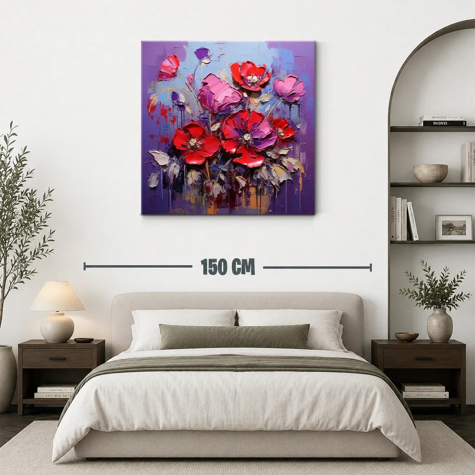 Cuadro moderno con vibrantes flores rojas y lilas — miniatura 3